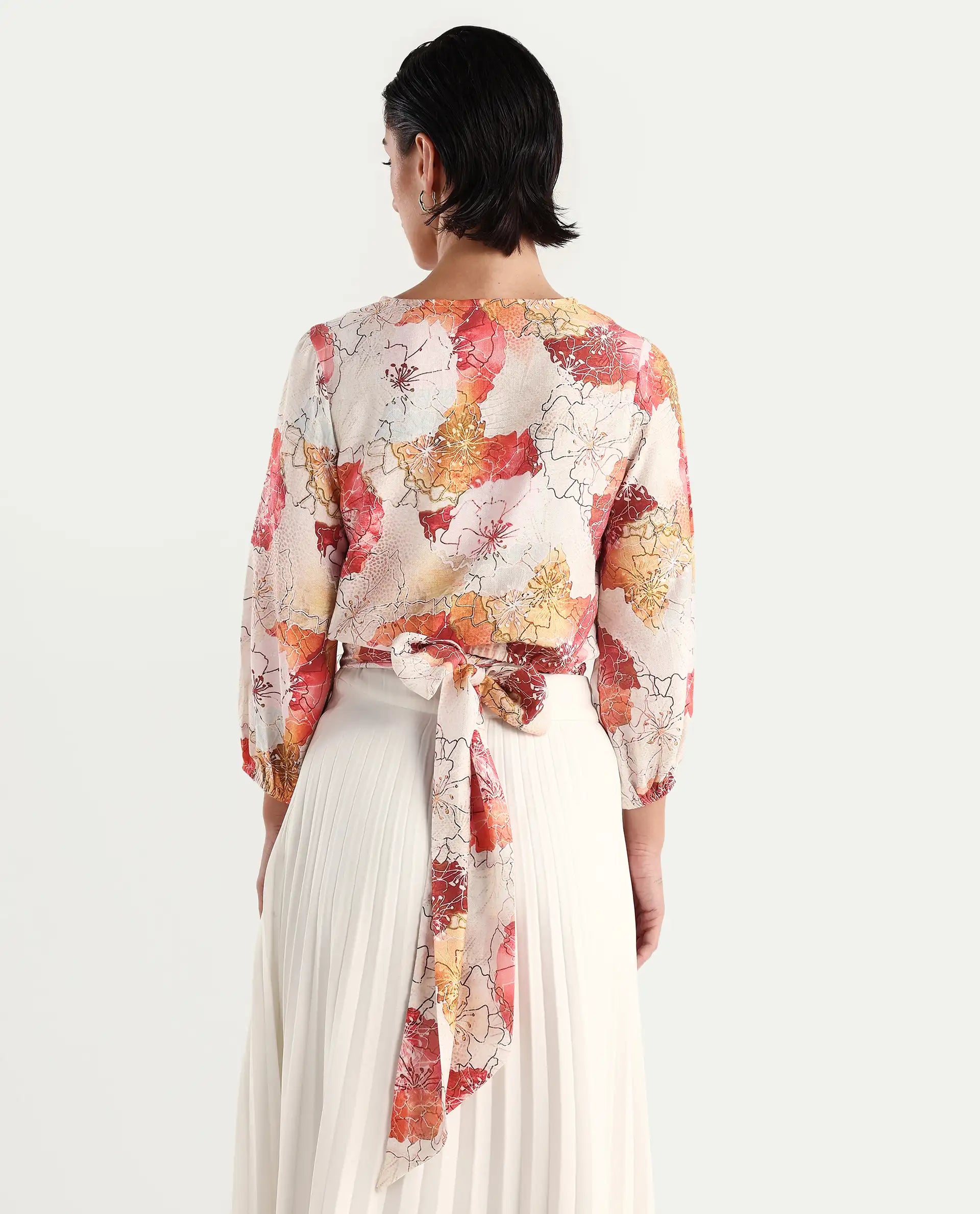 Rareism Women's Kently Multi Nylon Blend V-Neck Floral Print Bell Sleeve Crop Regular Fit Top