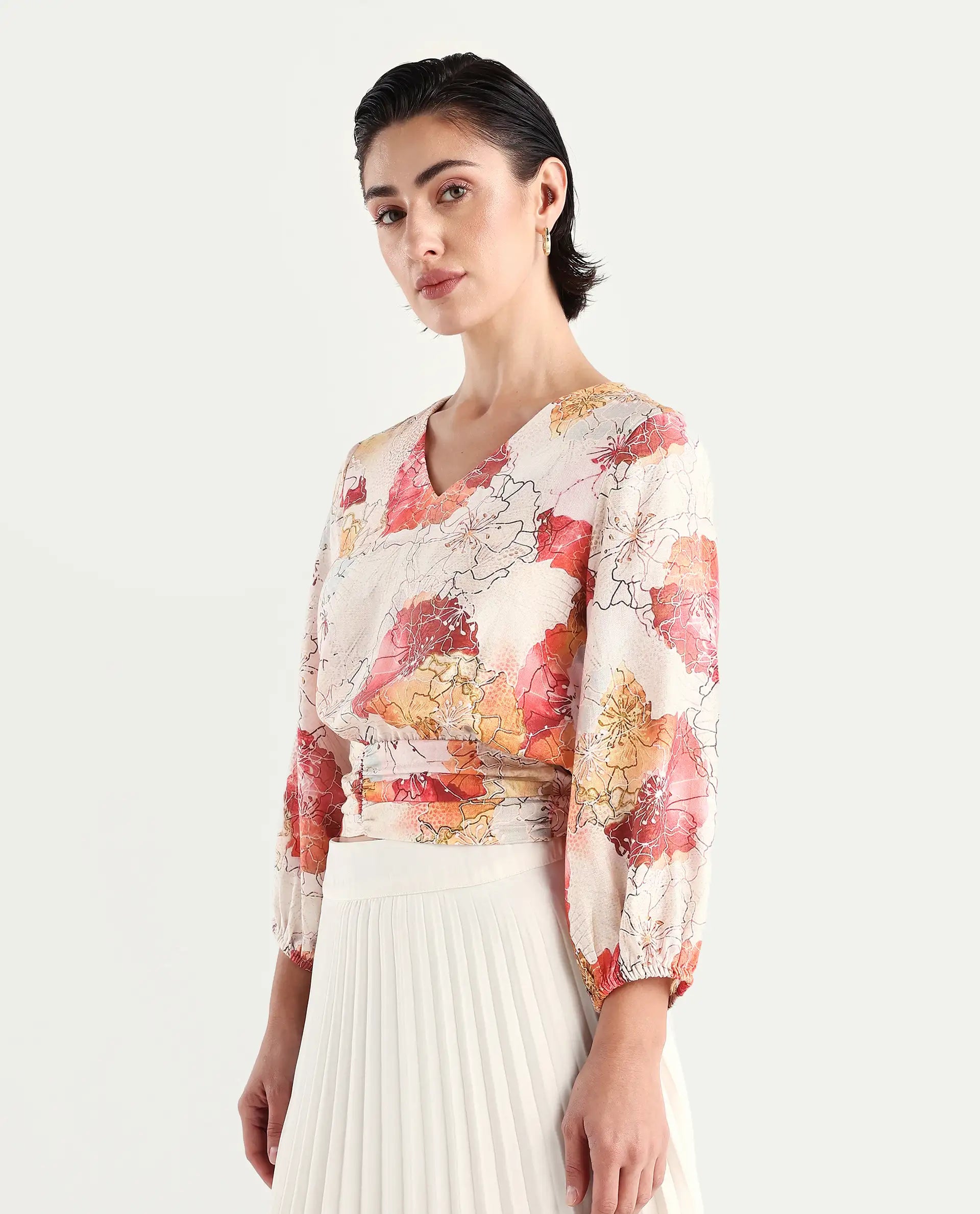 Rareism Women's Kently Multi Nylon Blend V-Neck Floral Print Bell Sleeve Crop Regular Fit Top