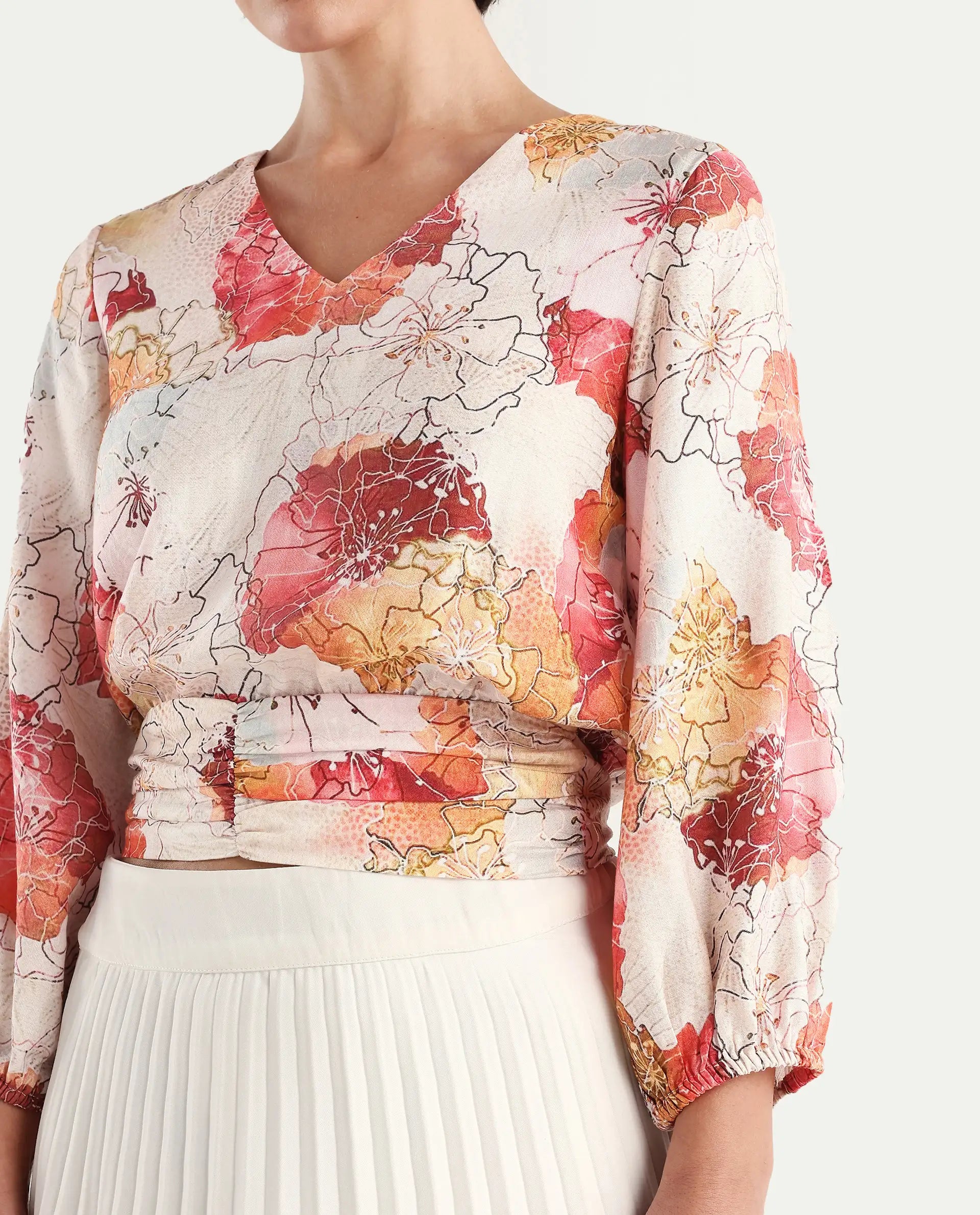 Rareism Women's Kently Multi Nylon Blend V-Neck Floral Print Bell Sleeve Crop Regular Fit Top