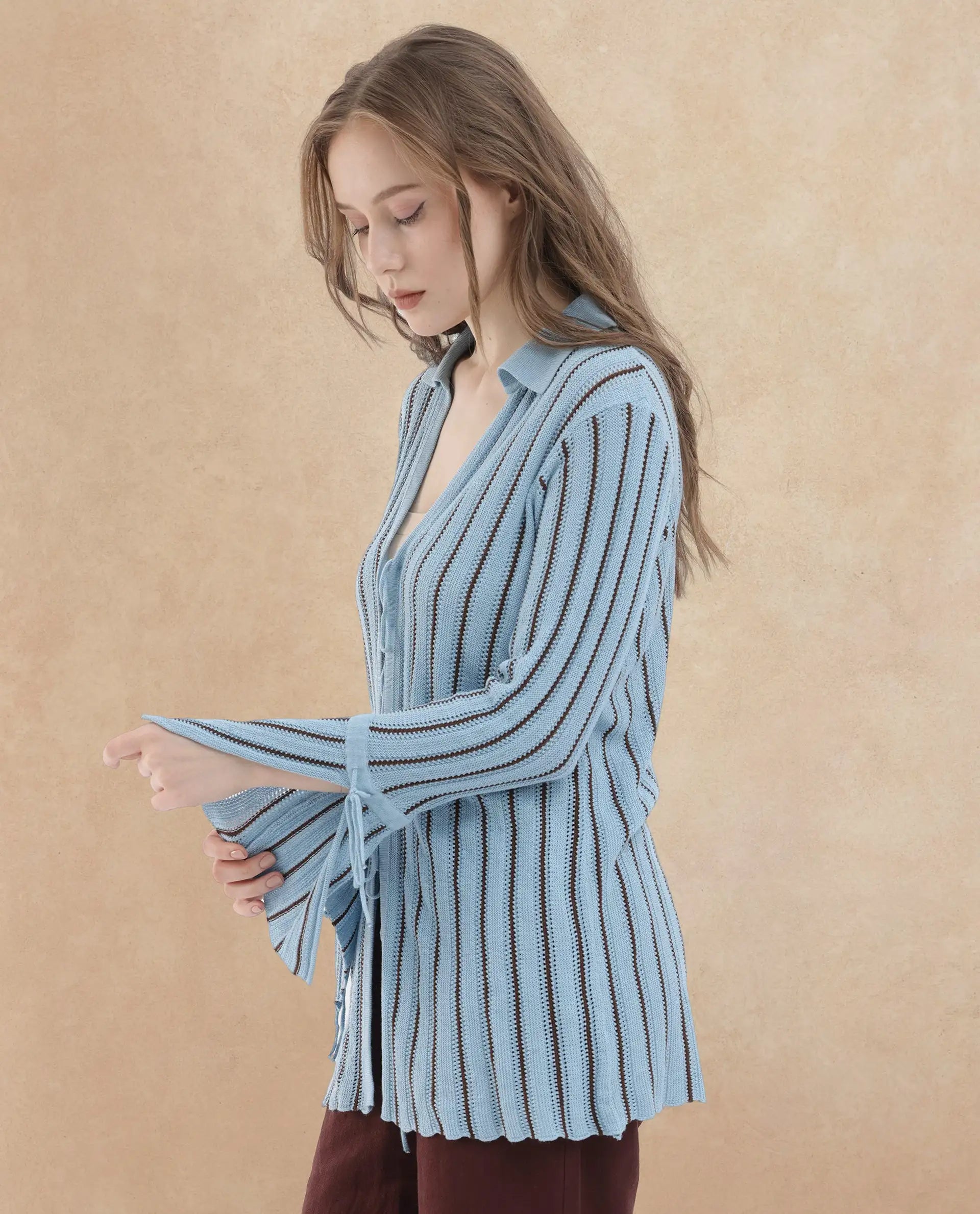 Rareism Women's Kentya Light Blue Viscose Johnny Collar Striped Regular Fit Shrug