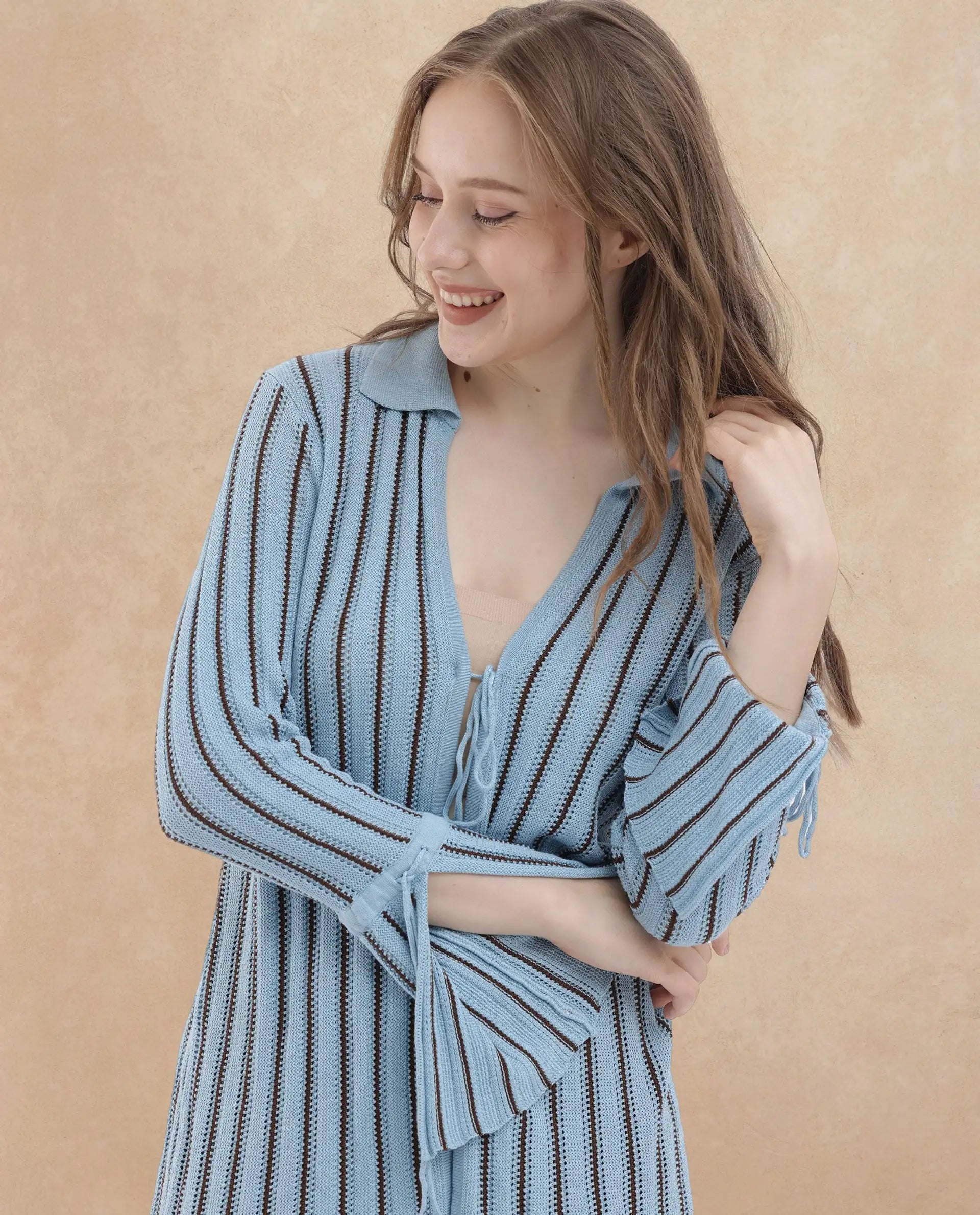 Rareism Women's Kentya Light Blue Viscose Johnny Collar Striped Regular Fit Shrug