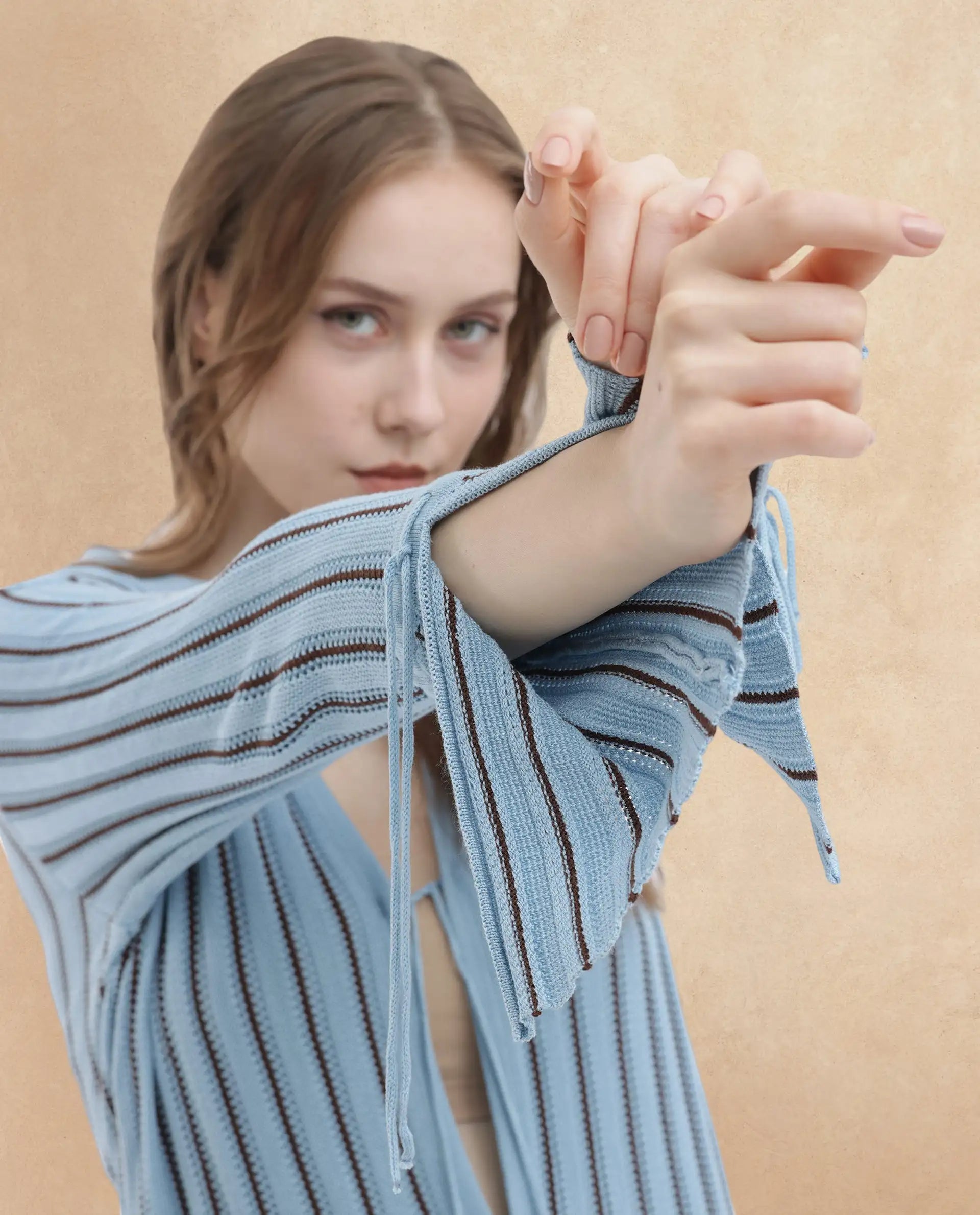 Rareism Women's Kentya Light Blue Viscose Johnny Collar Striped Regular Fit Shrug