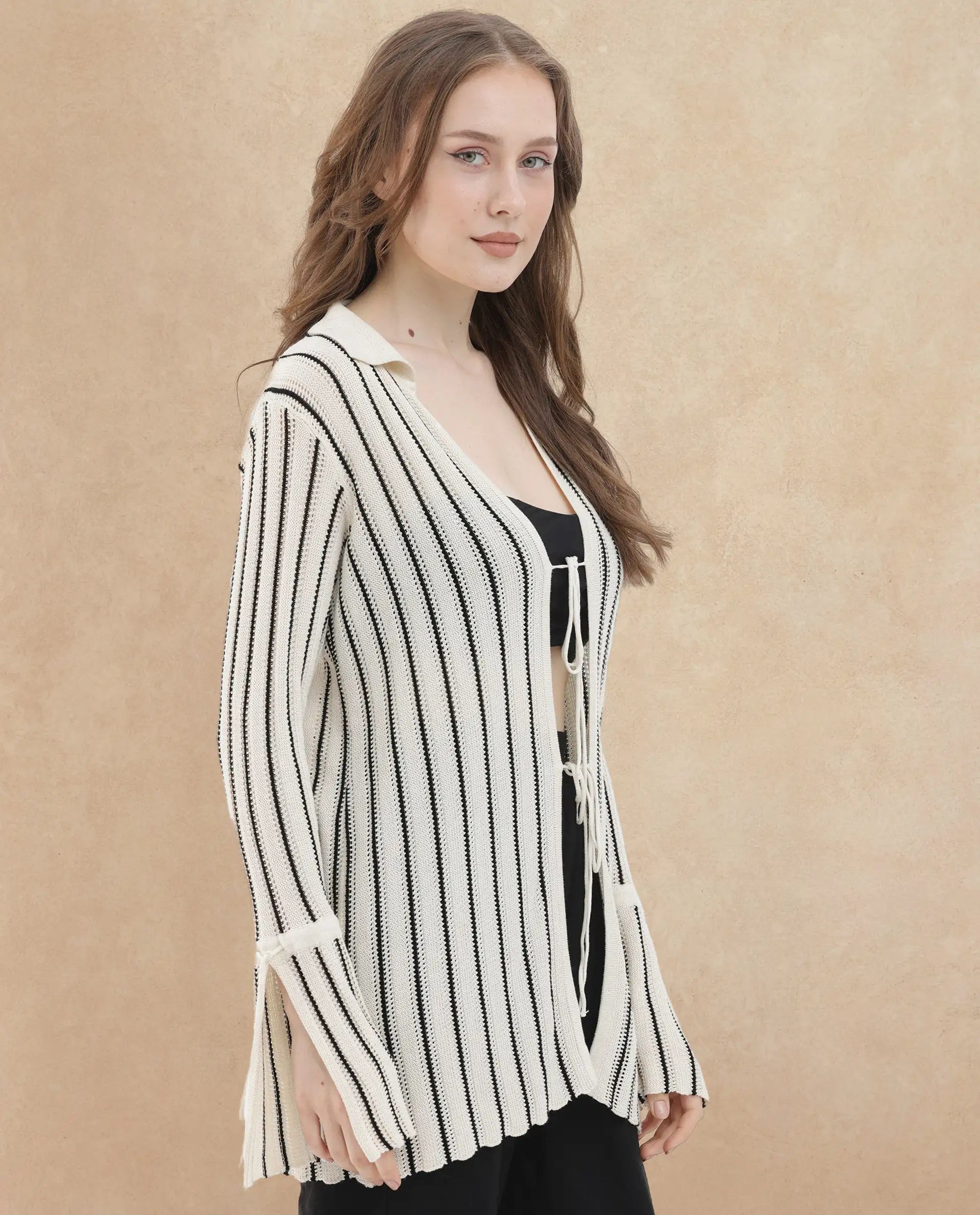 Rareism Women's Kentya White Viscose Johnny Collar Striped Regular Fit Shrug