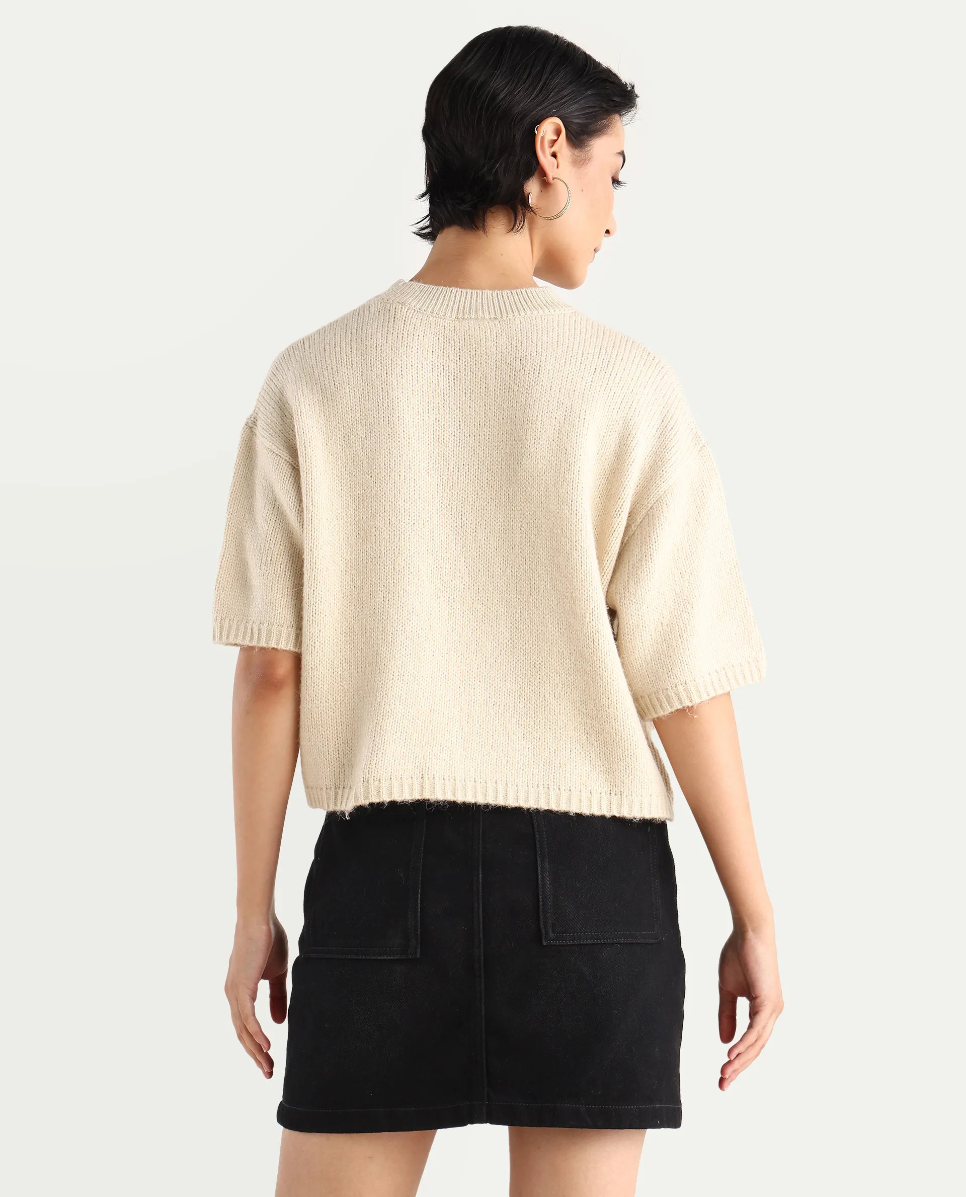 Rareism Women's Kenty Light Beige Acrylic Crew Neck Striped Crop Relaxed Fit Sweater