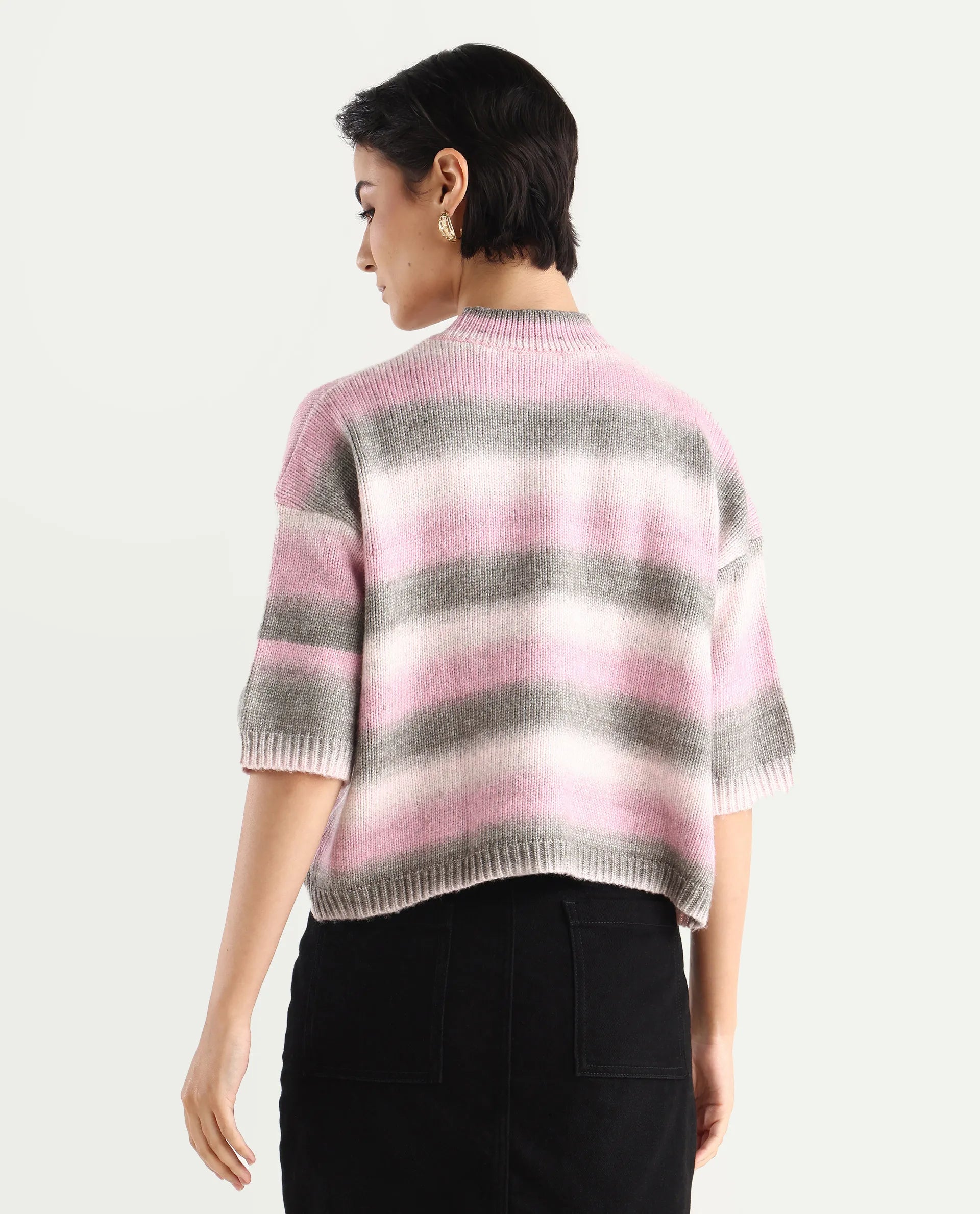 Rareism Women's Kenty Pink Acrylic Crew Neck Striped Crop Relaxed Fit Sweater