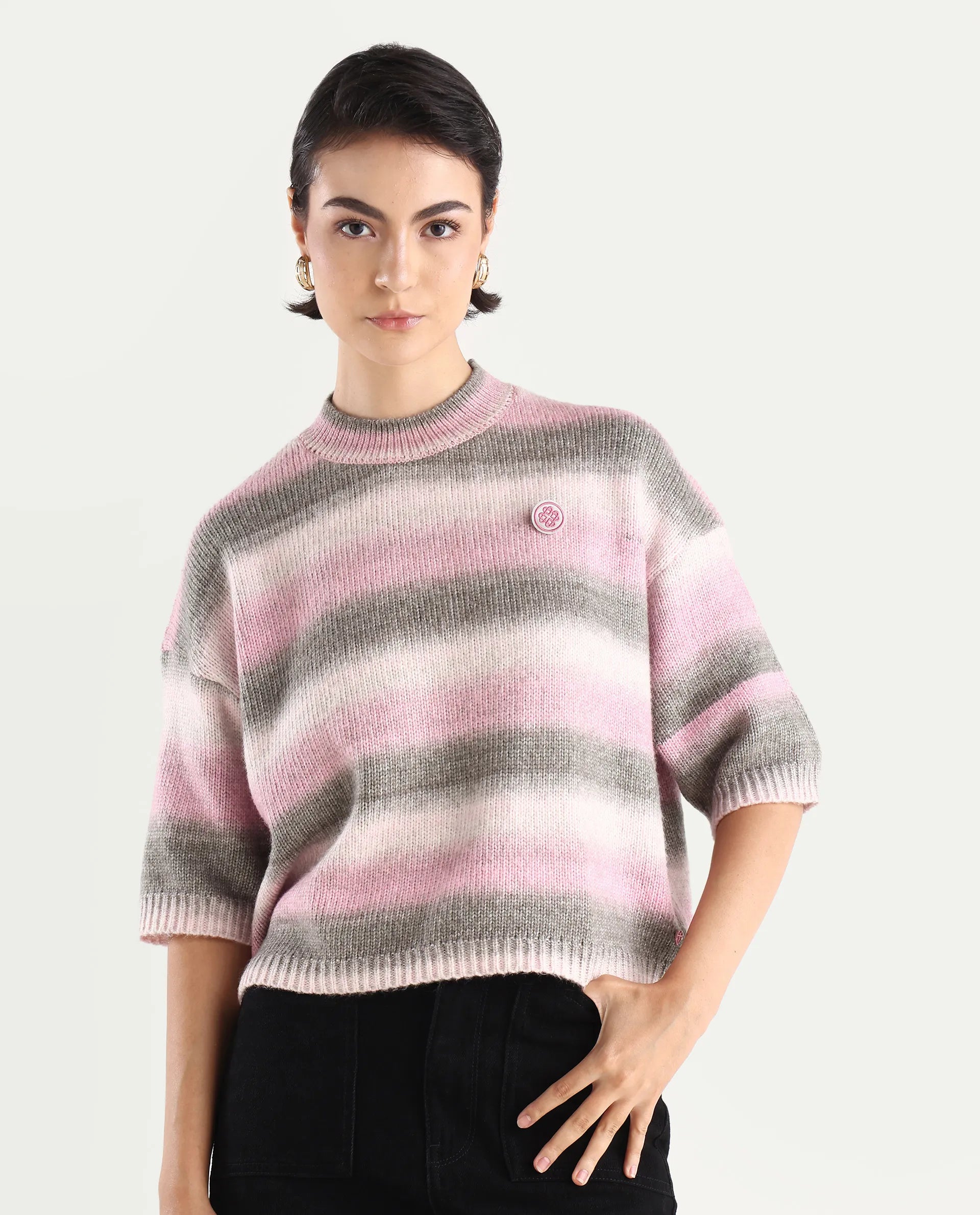 Rareism Women's Kenty Pink Acrylic Crew Neck Striped Crop Relaxed Fit Sweater