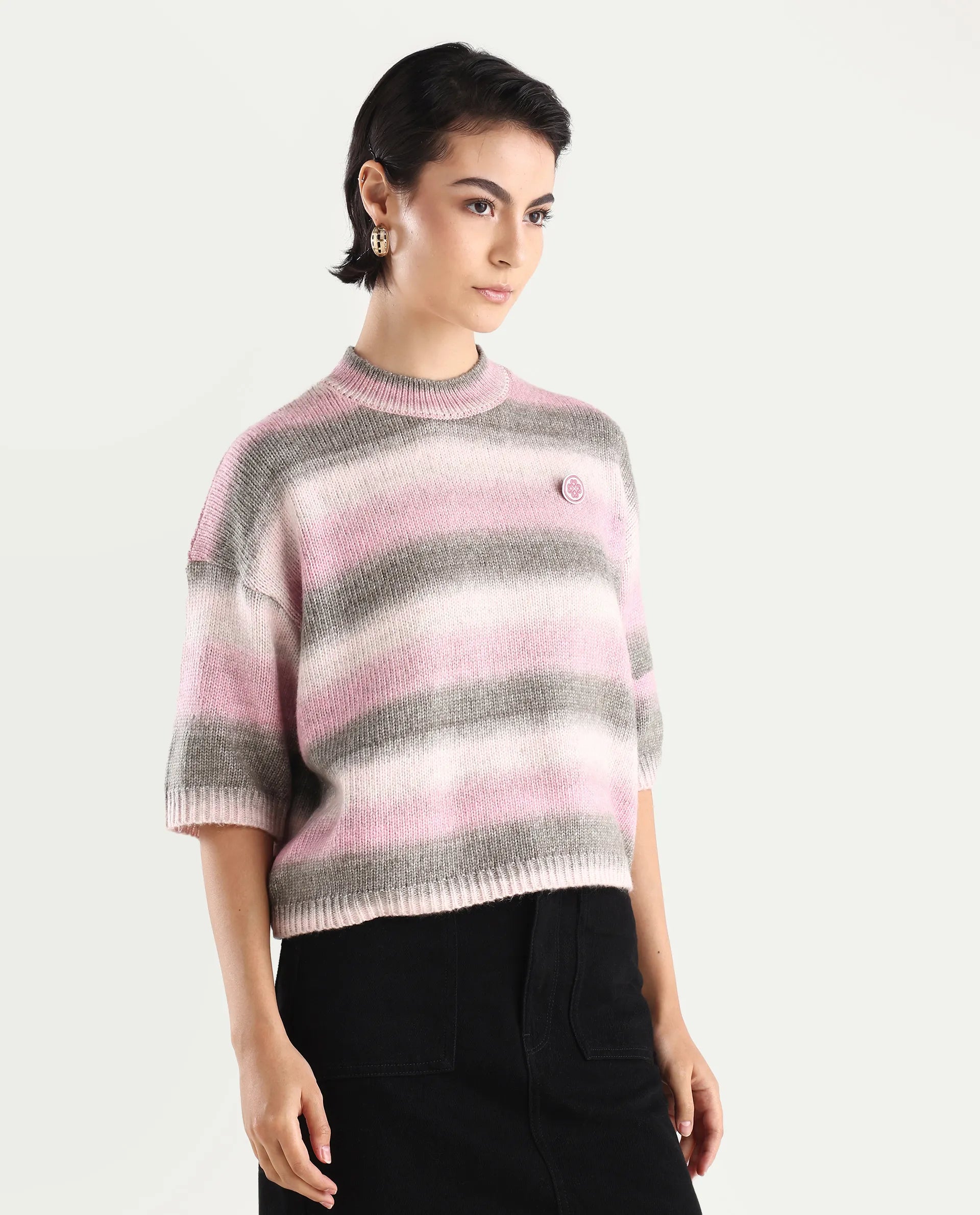 Rareism Women's Kenty Pink Acrylic Crew Neck Striped Crop Relaxed Fit Sweater