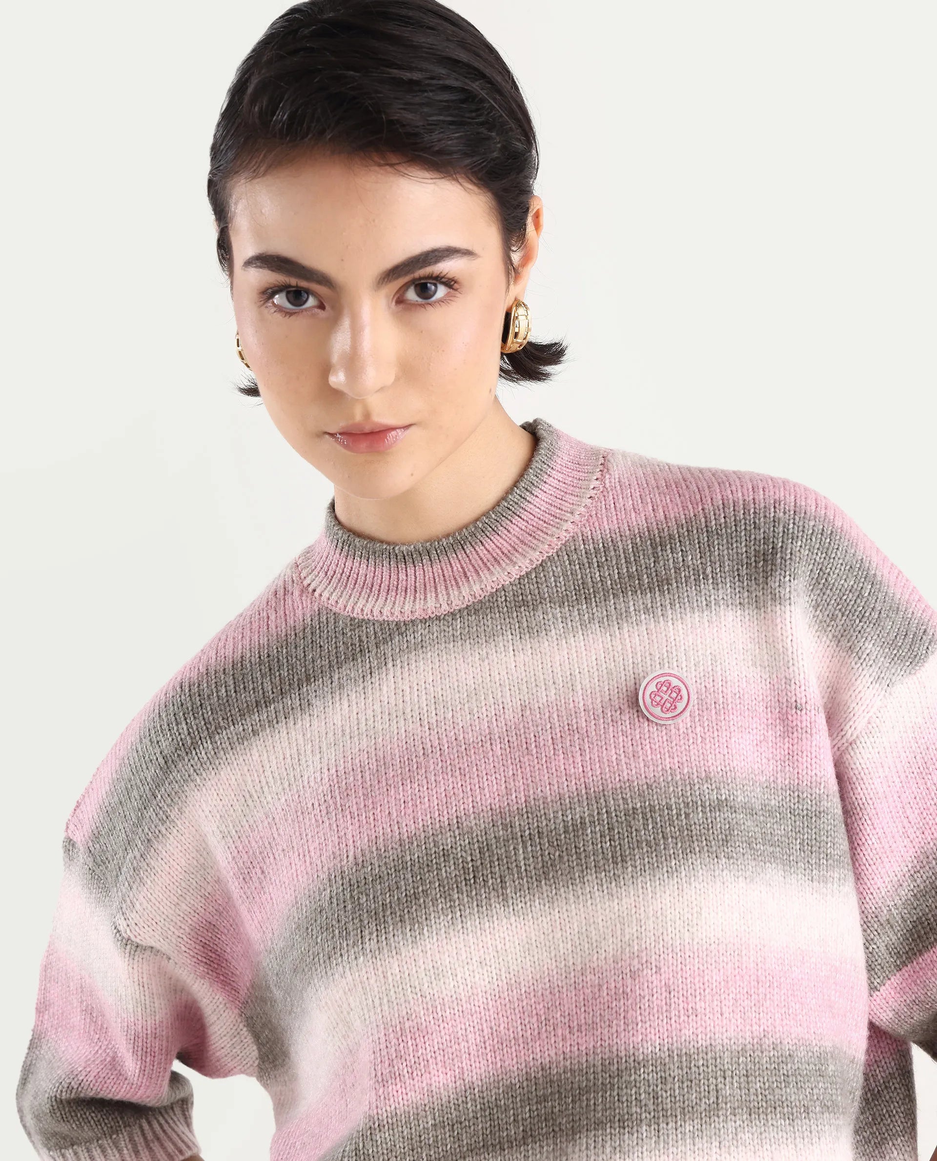 Rareism Women's Kenty Pink Acrylic Crew Neck Striped Crop Relaxed Fit Sweater