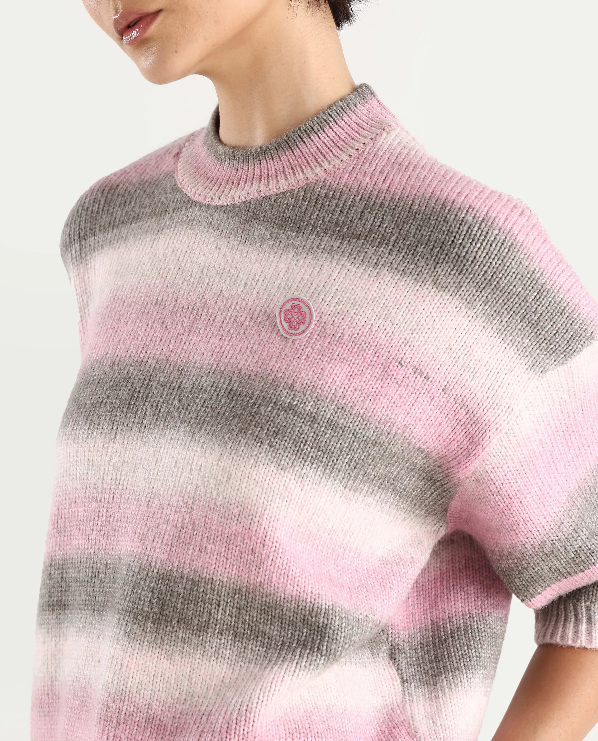 Rareism Women's Kenty Pink Acrylic Crew Neck Striped Crop Relaxed Fit Sweater