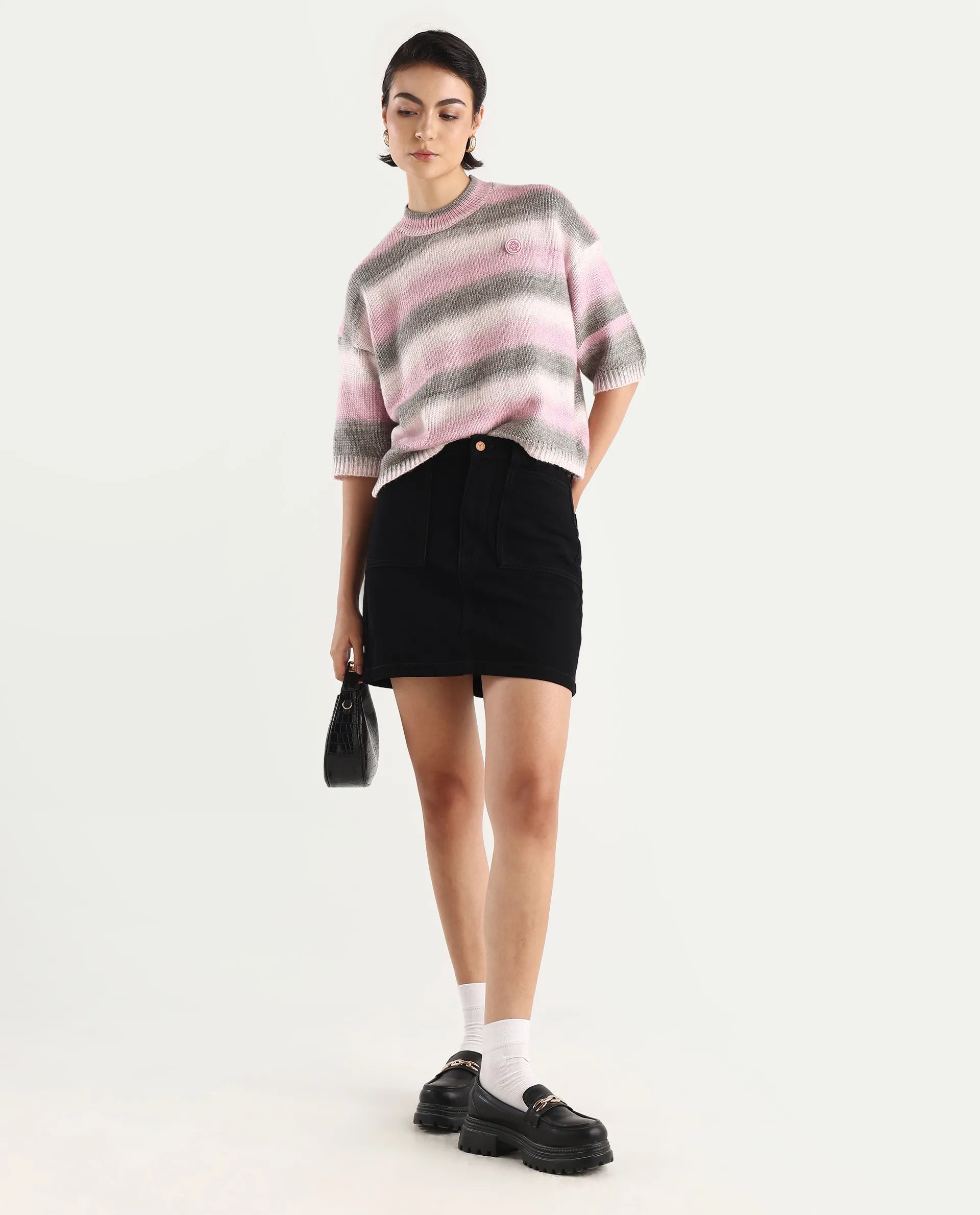 Rareism Women's Kenty Pink Acrylic Crew Neck Striped Crop Relaxed Fit Sweater