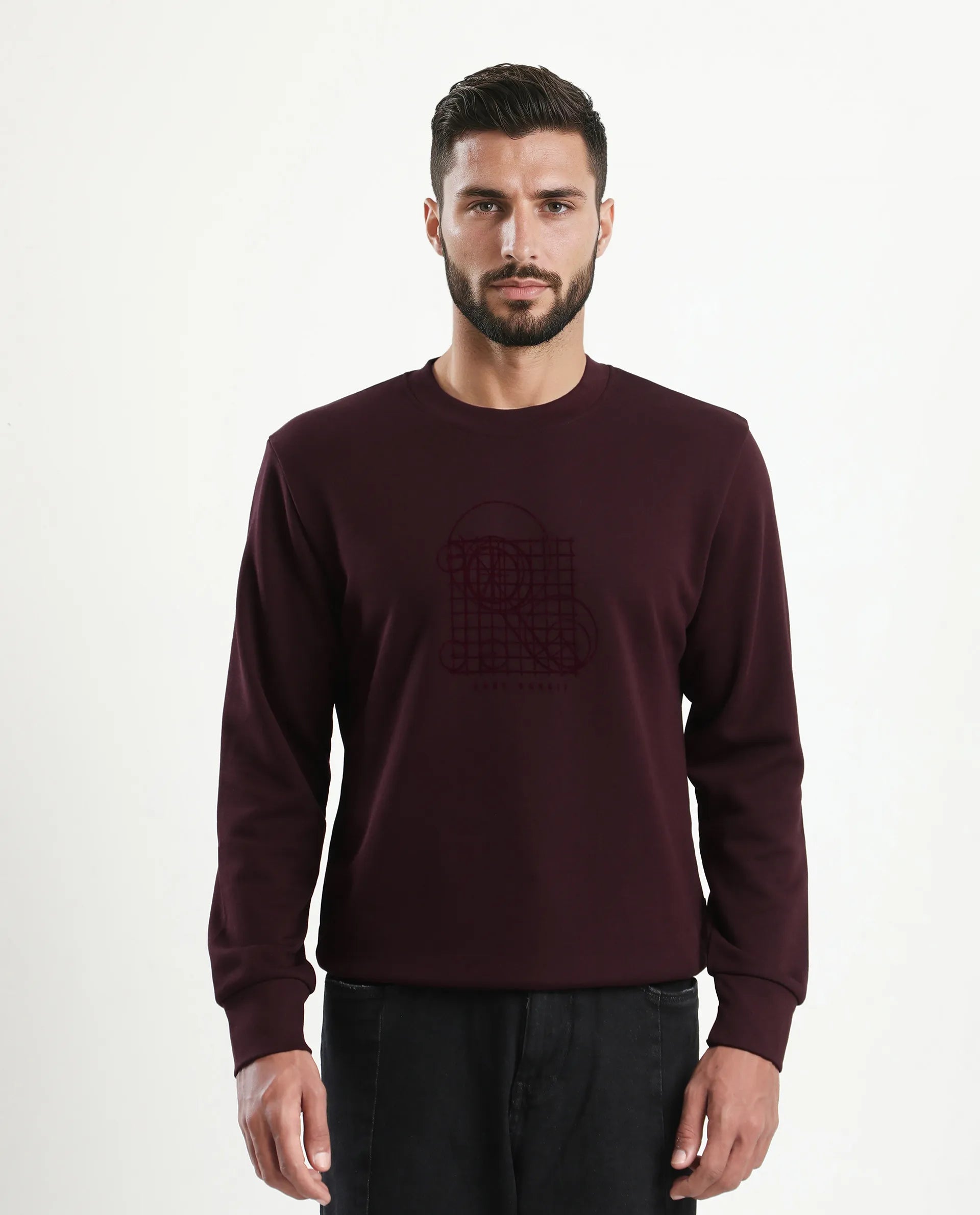 Rare Rabbit Men's Kend Dark Maroon Cotton Blend Graphic Print Regular Fit Full Sleeve Crew Neck Sweatshirt