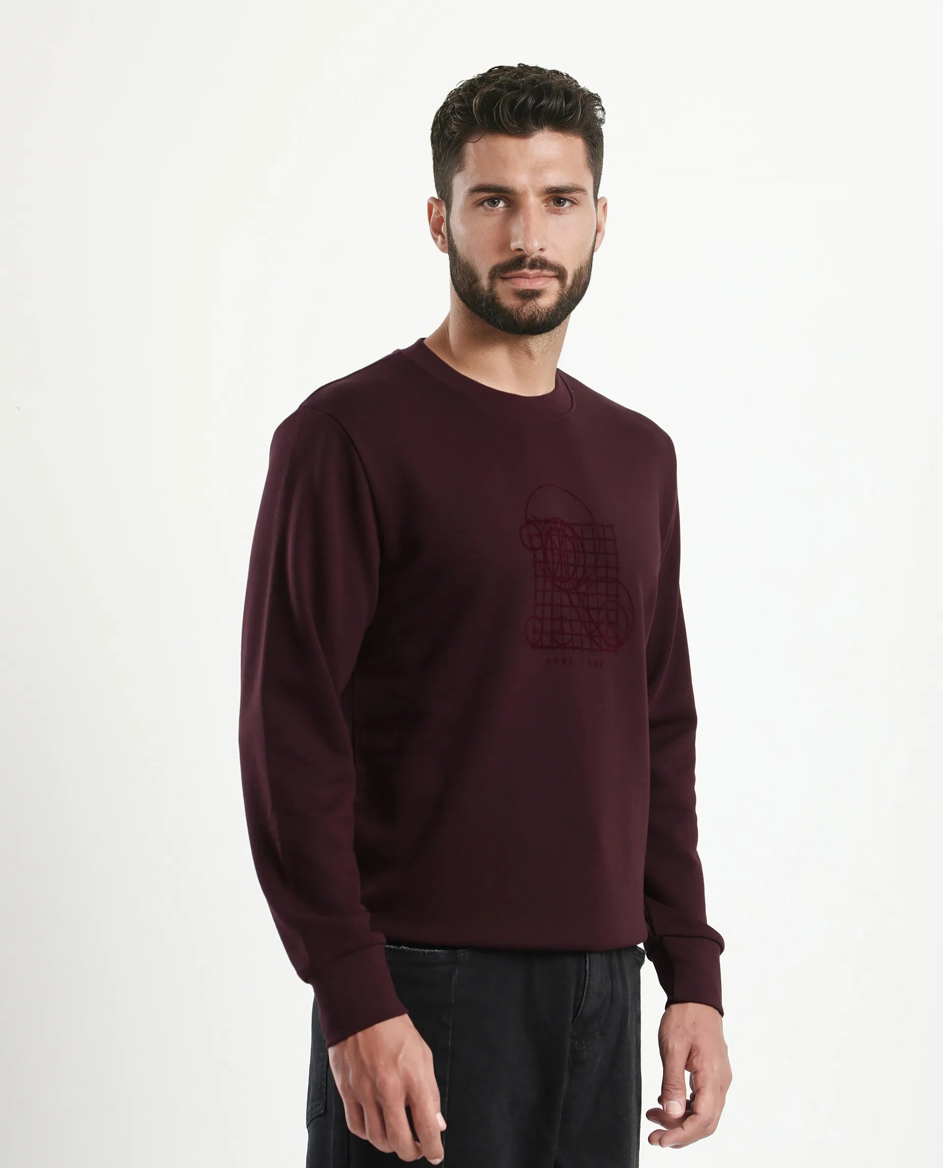 Rare Rabbit Men's Kend Dark Maroon Cotton Blend Graphic Print Regular Fit Full Sleeve Crew Neck Sweatshirt