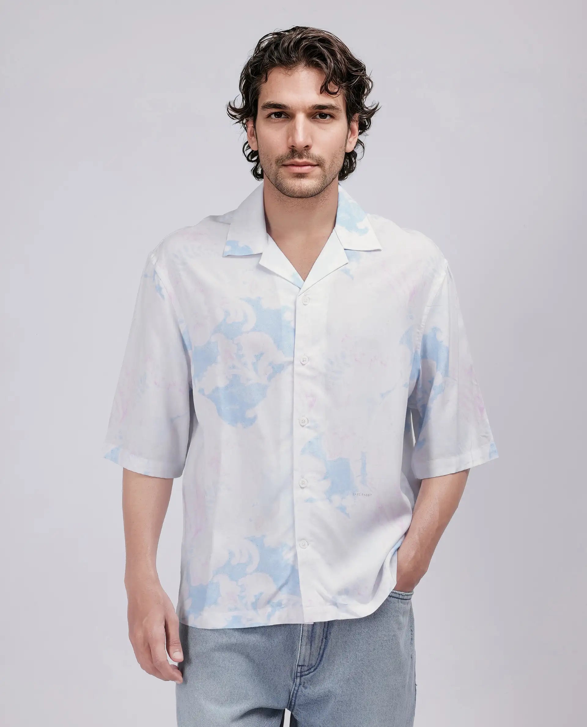 Rare Rabbit Men's Ken White Viscose Fabric Half Sleeve Cuban Collar Boxy Fit Abstract Print Shirt