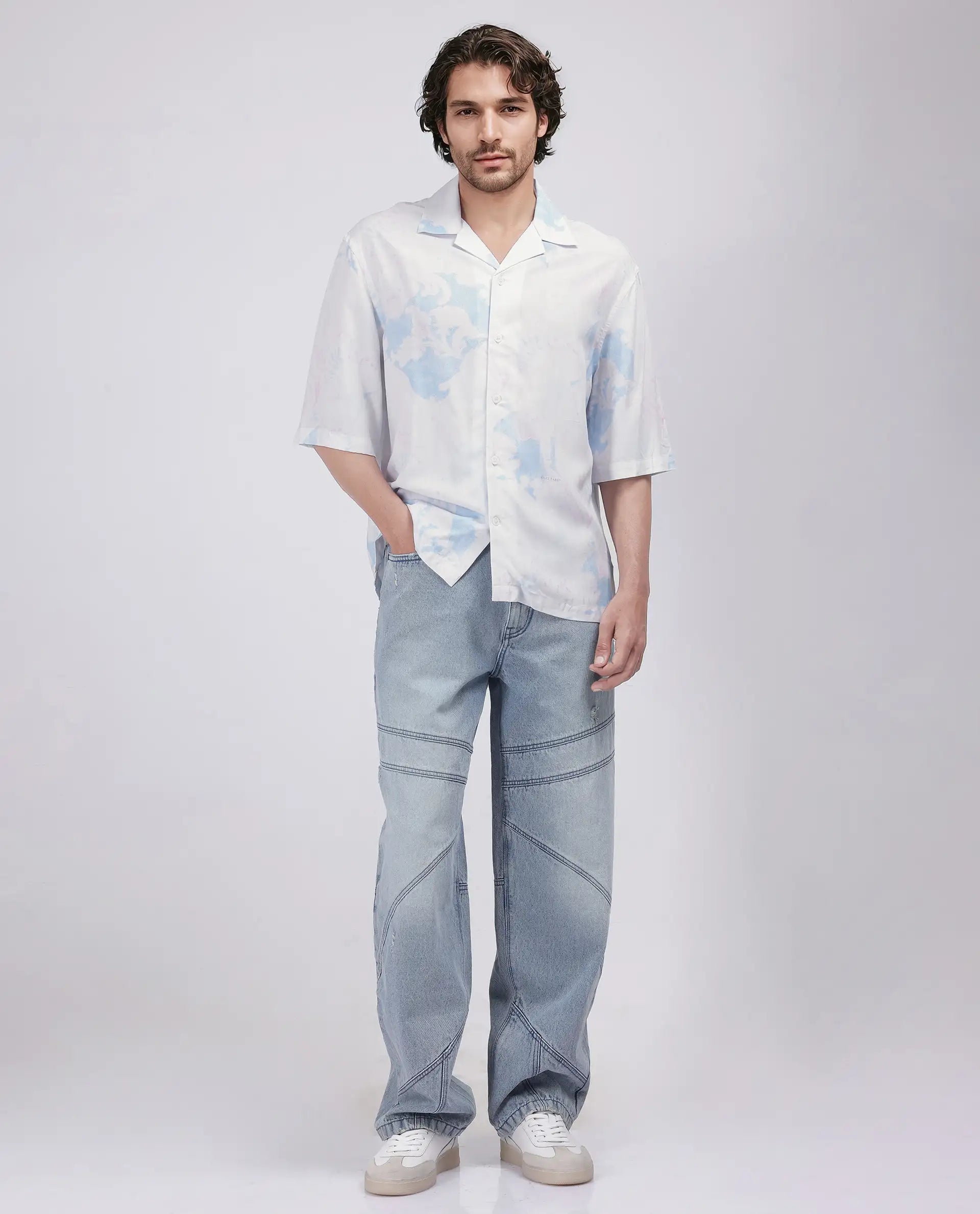 Rare Rabbit Men's Ken White Viscose Fabric Half Sleeve Cuban Collar Boxy Fit Abstract Print Shirt