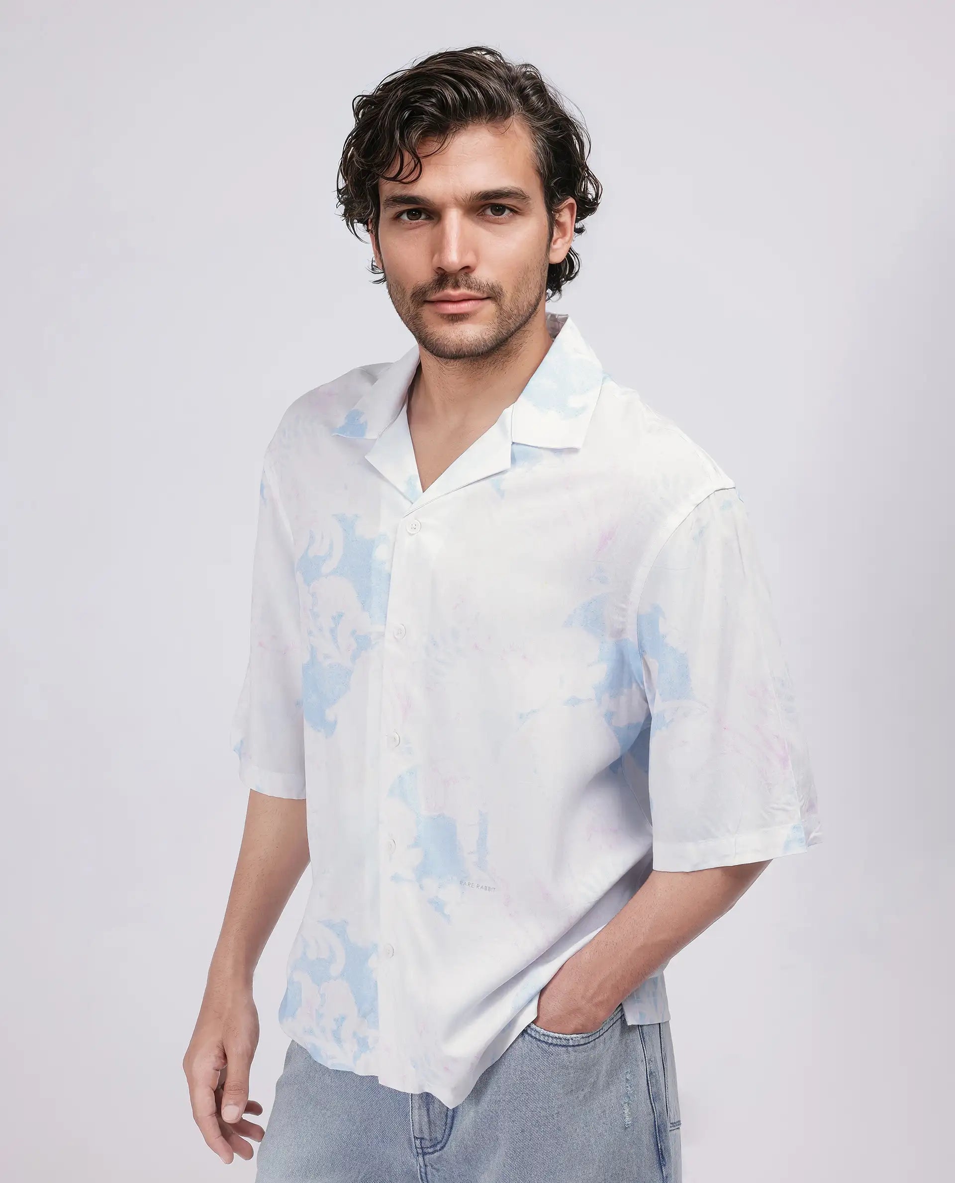 Rare Rabbit Men's Ken White Viscose Fabric Half Sleeve Cuban Collar Boxy Fit Abstract Print Shirt