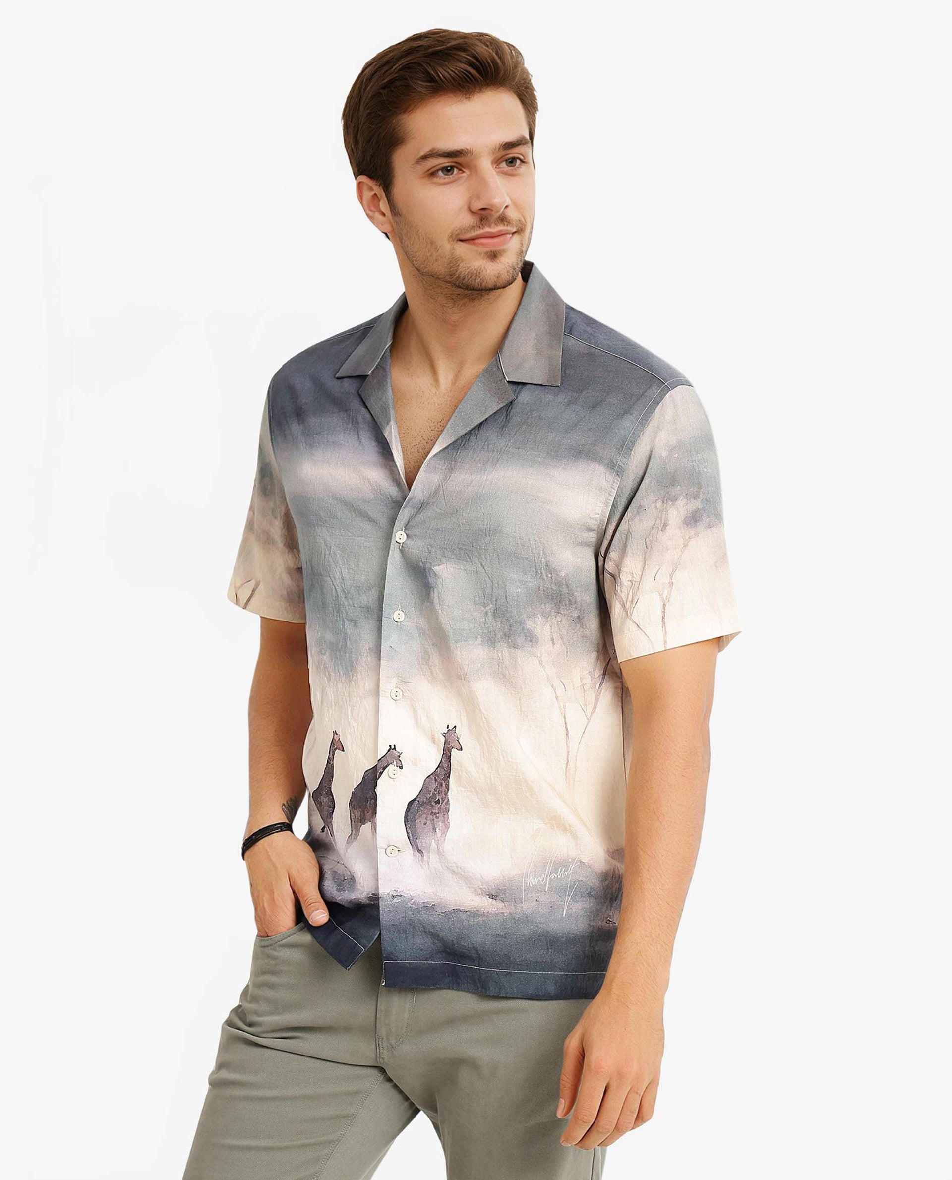 Rare Rabbit Men Kenya Dusky Green Viscose Nylon Fabric Cuban Collar Short Sleeve Boxy Fit Animal Placement Print Shirt