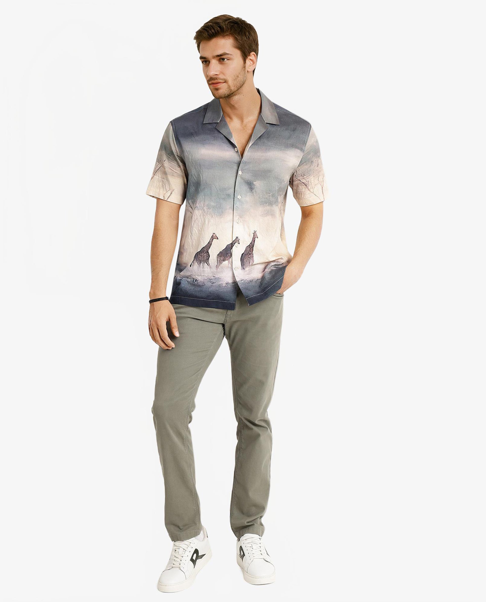 Rare Rabbit Men Kenya Dusky Green Viscose Nylon Fabric Cuban Collar Short Sleeve Boxy Fit Animal Placement Print Shirt