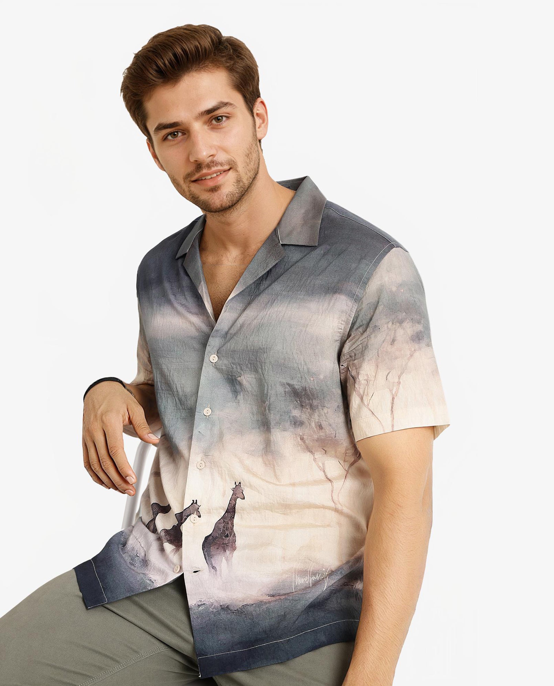 Rare Rabbit Men Kenya Dusky Green Viscose Nylon Fabric Cuban Collar Short Sleeve Boxy Fit Animal Placement Print Shirt