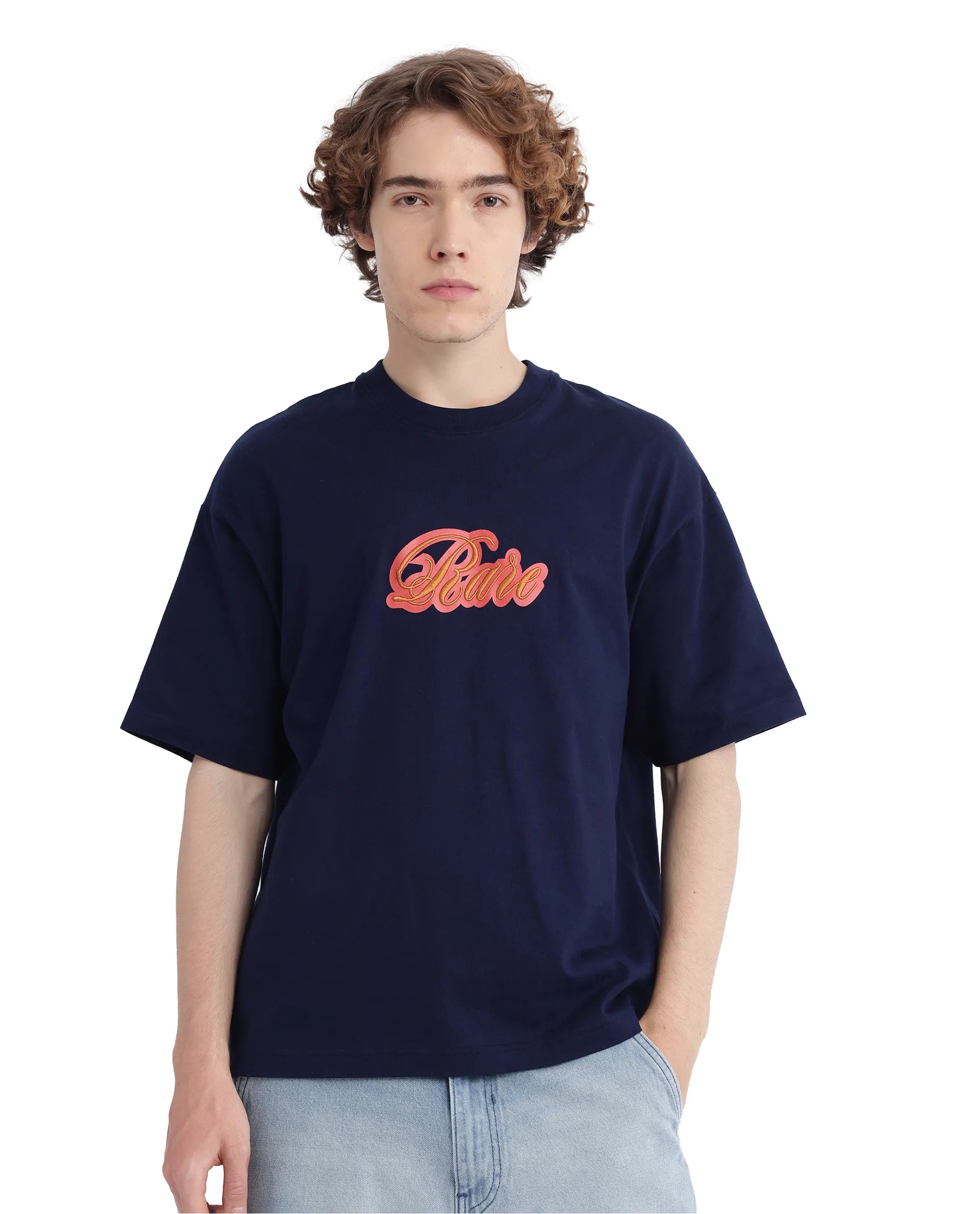 Rare Rabbit Men Kenzo-25 Navy Cotton Fabric Short Sleeve Crew Neck Oversized Fit Embroidered T-Shirt