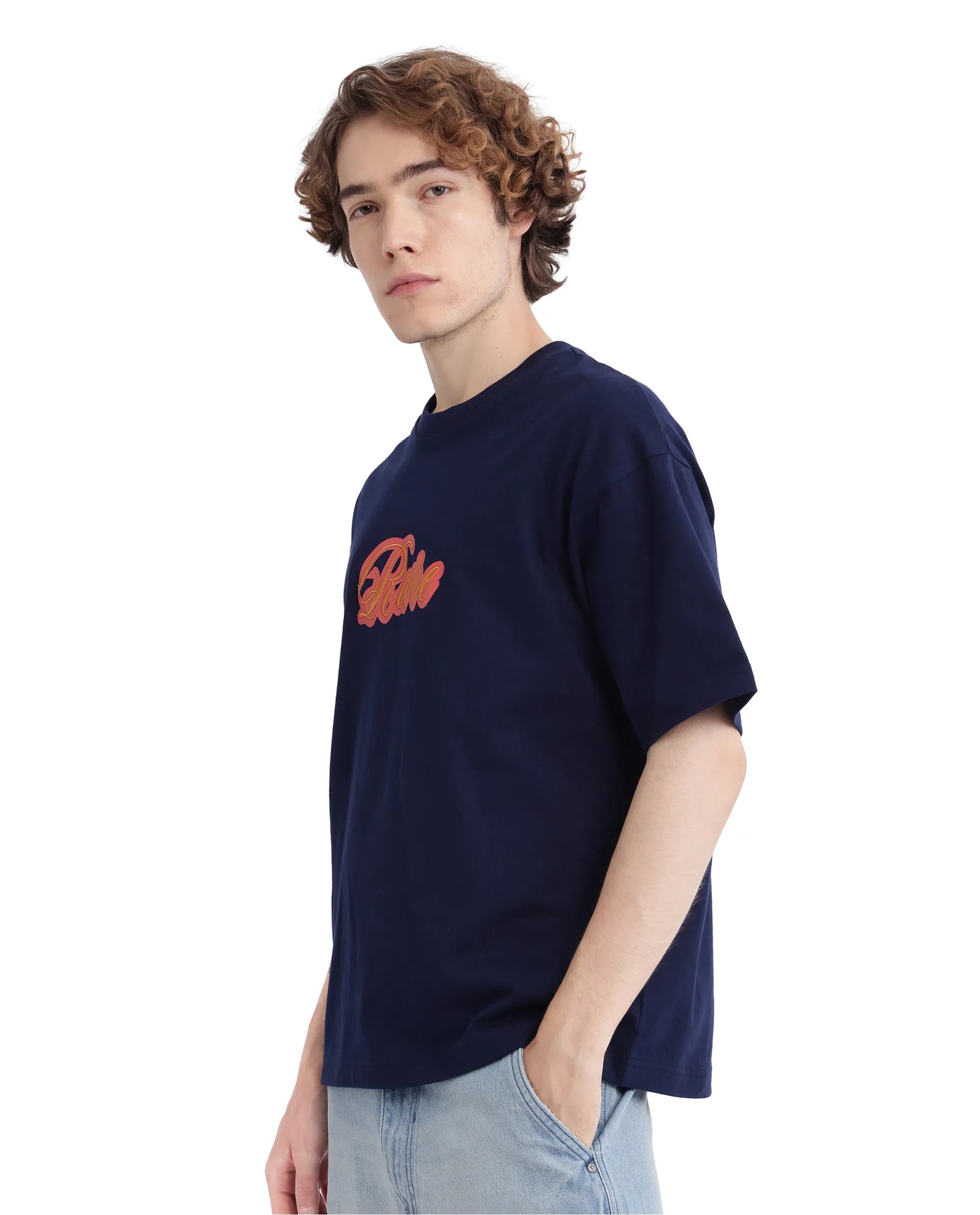 Rare Rabbit Men Kenzo-25 Navy Cotton Fabric Short Sleeve Crew Neck Oversized Fit Embroidered T-Shirt