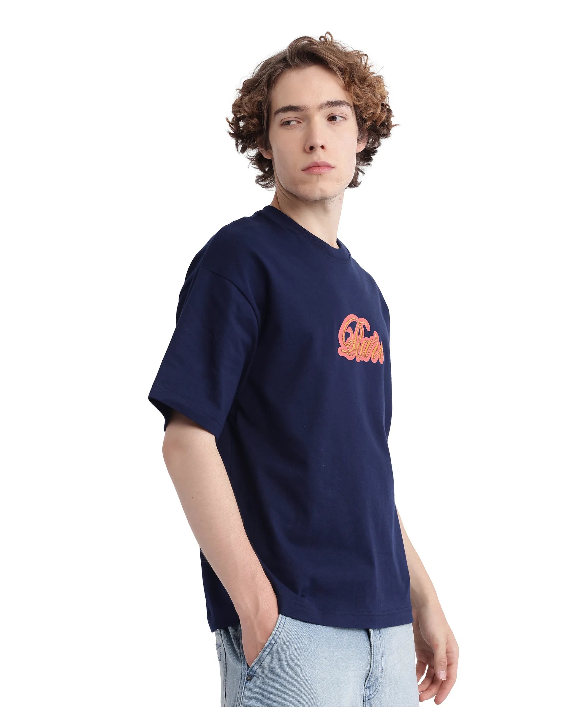 Rare Rabbit Men Kenzo-25 Navy Cotton Fabric Short Sleeve Crew Neck Oversized Fit Embroidered T-Shirt