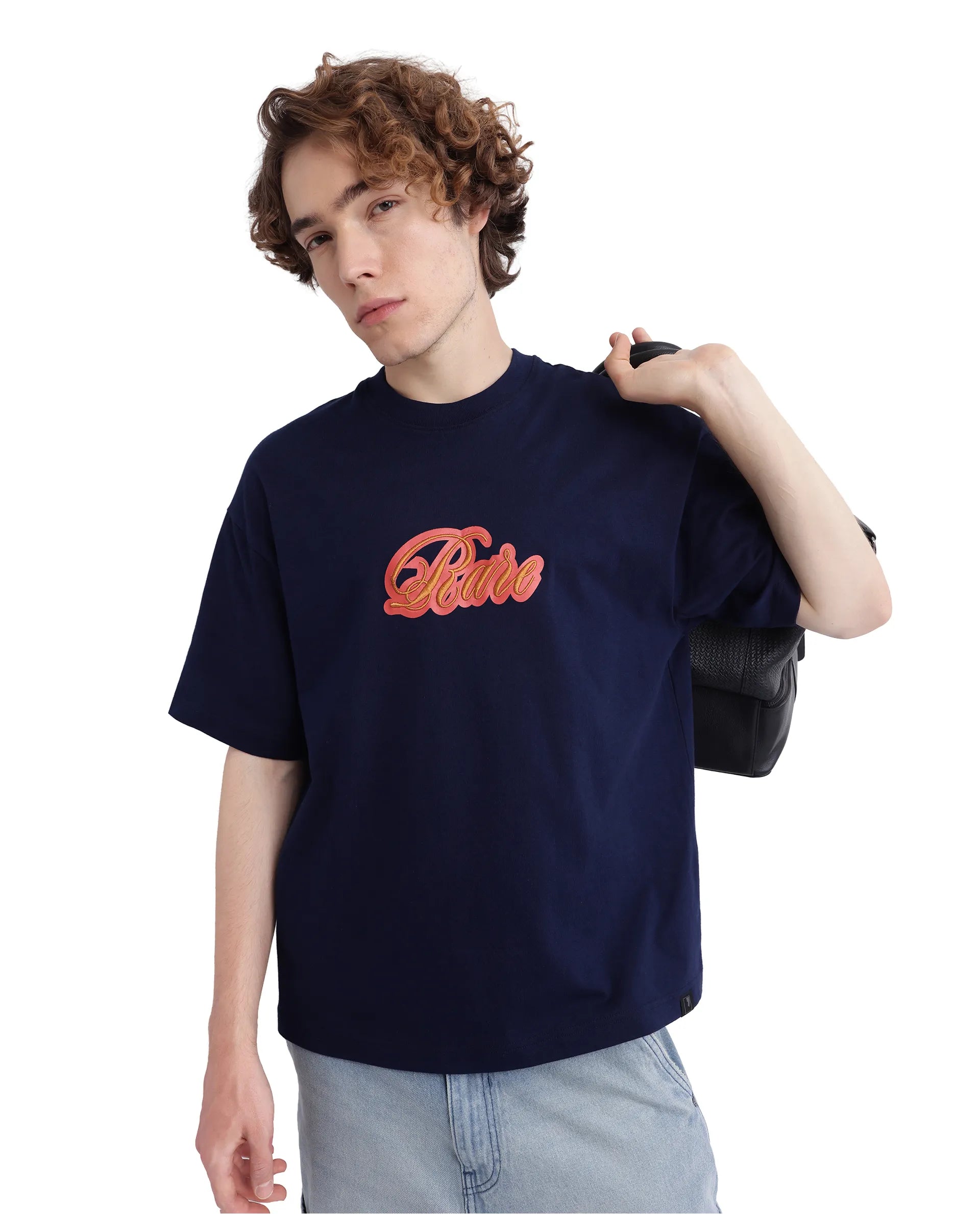 Rare Rabbit Men Kenzo-25 Navy Cotton Fabric Short Sleeve Crew Neck Oversized Fit Embroidered T-Shirt