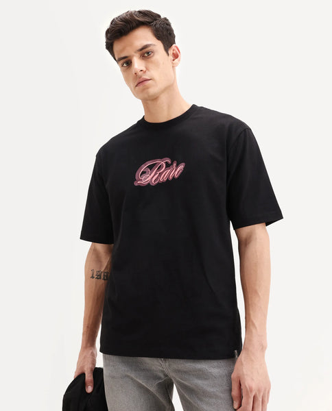 Rare Rabbit Men's Kenzo Black Cotton Embroidered Oversized Fit Half Sl