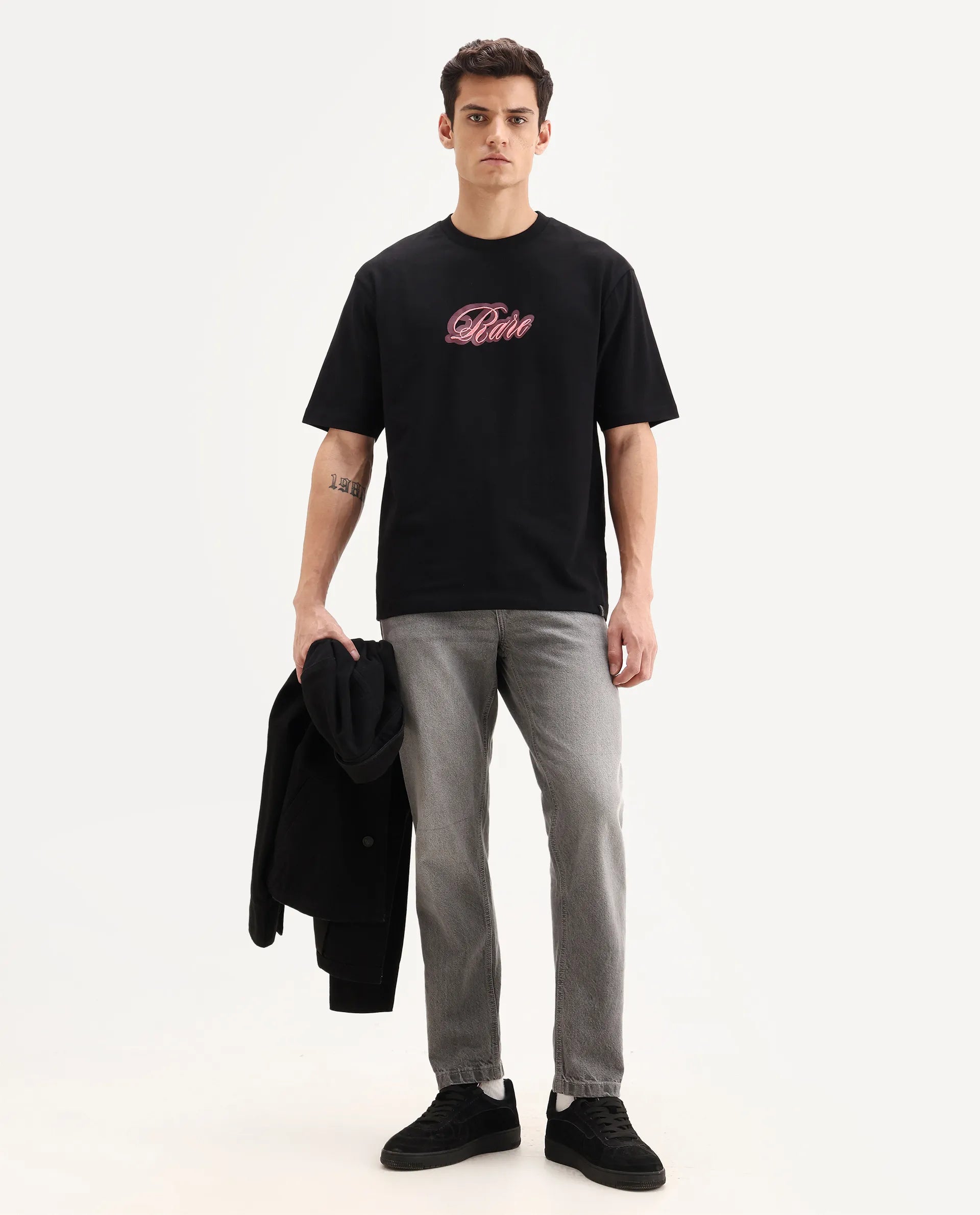 Rare Rabbit Men's Kenzo Black Cotton Embroidered Oversized Fit Half Sleeve Crew Neck T-Shirt