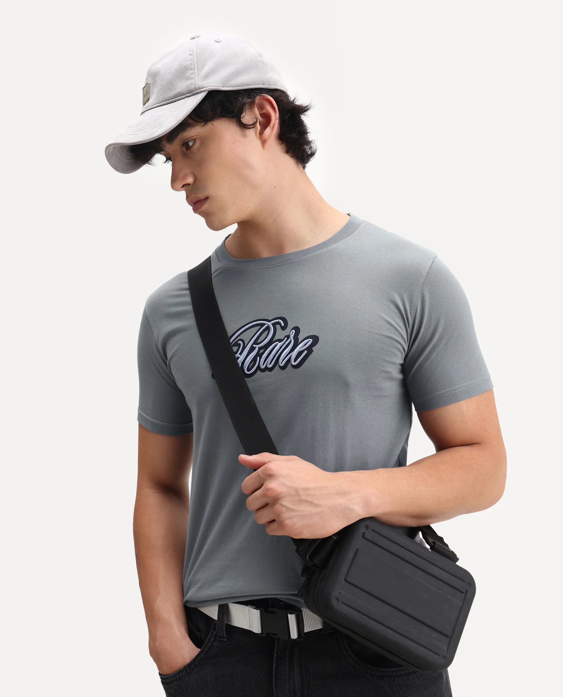 Rare Rabbit Men's Kenzo Olive Cotton Embroidered Oversized Fit Half Sleeve Crew Neck T-Shirt