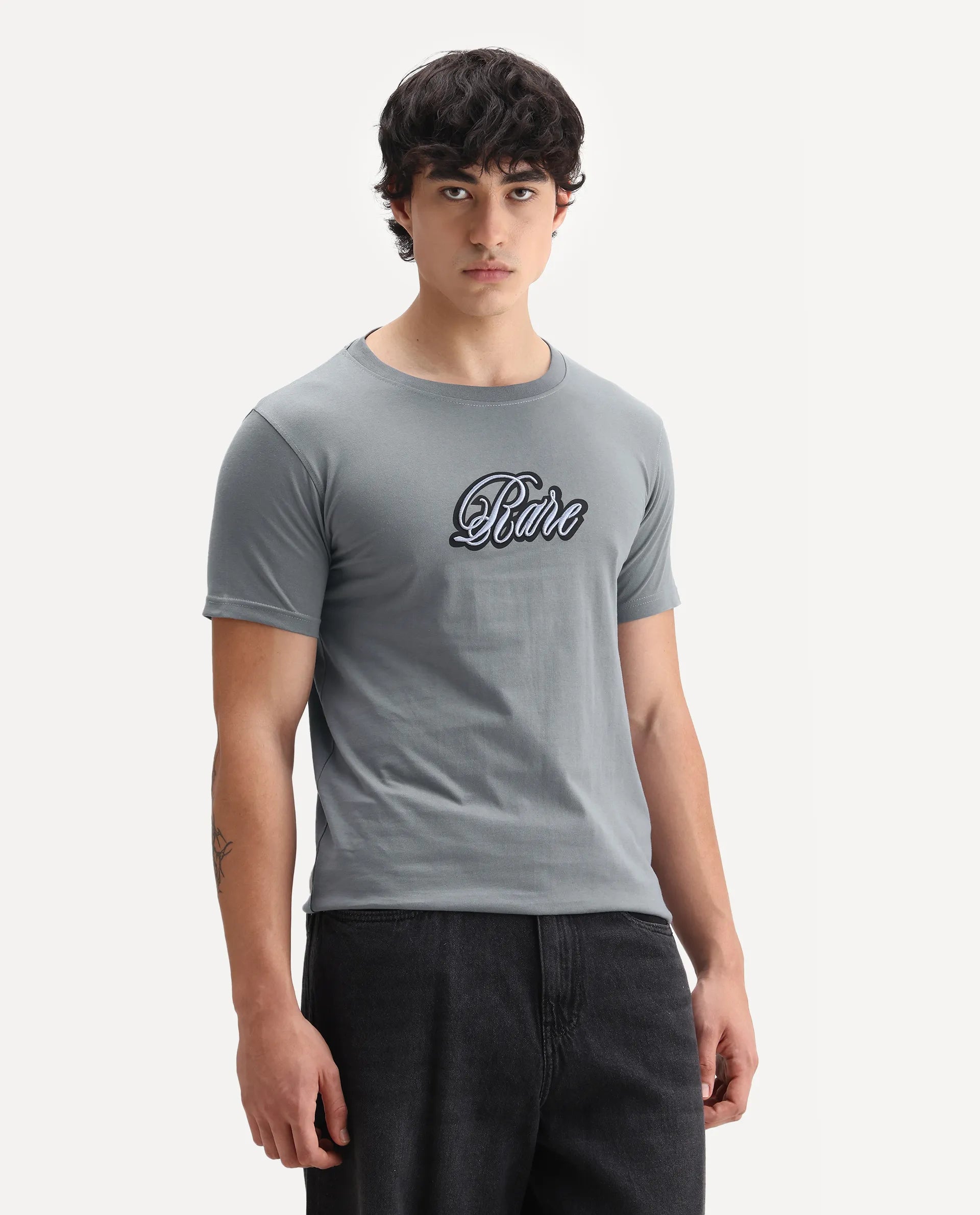 Rare Rabbit Men's Kenzo Olive Cotton Embroidered Oversized Fit Half Sleeve Crew Neck T-Shirt