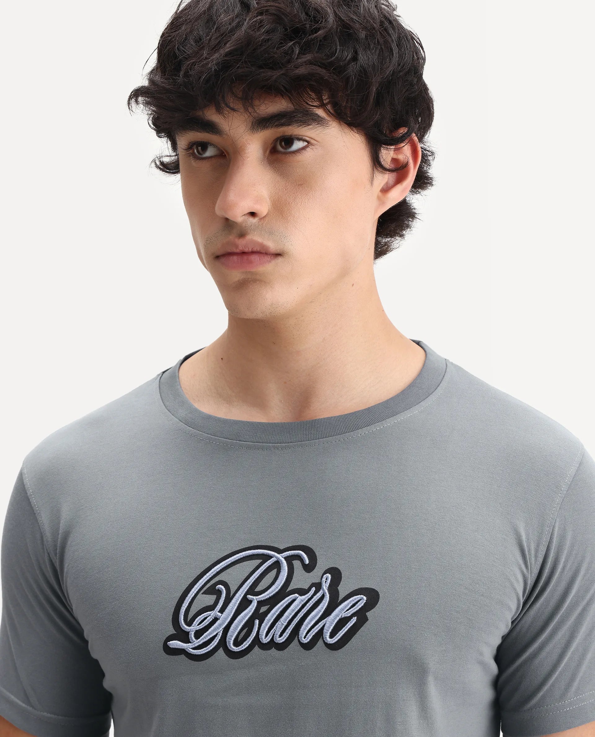 Rare Rabbit Men's Kenzo Olive Cotton Embroidered Oversized Fit Half Sleeve Crew Neck T-Shirt