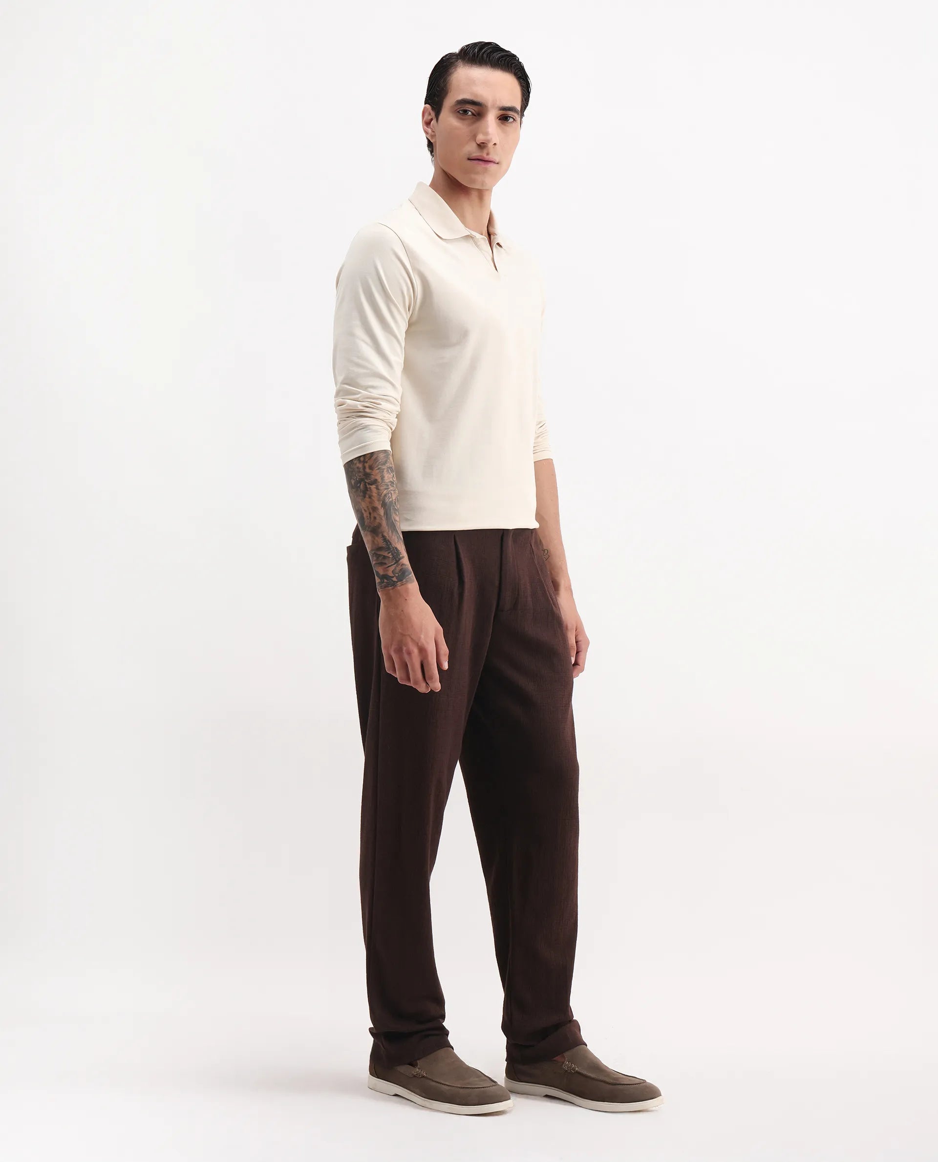 Rare Rabbit Men's Keloe Dark Brown Cotton Blend Plain Relaxed Fit Trouser