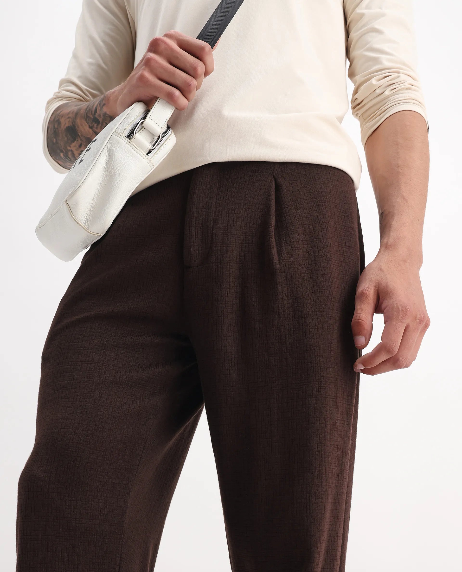 Rare Rabbit Men's Keloe Dark Brown Cotton Blend Plain Relaxed Fit Trouser