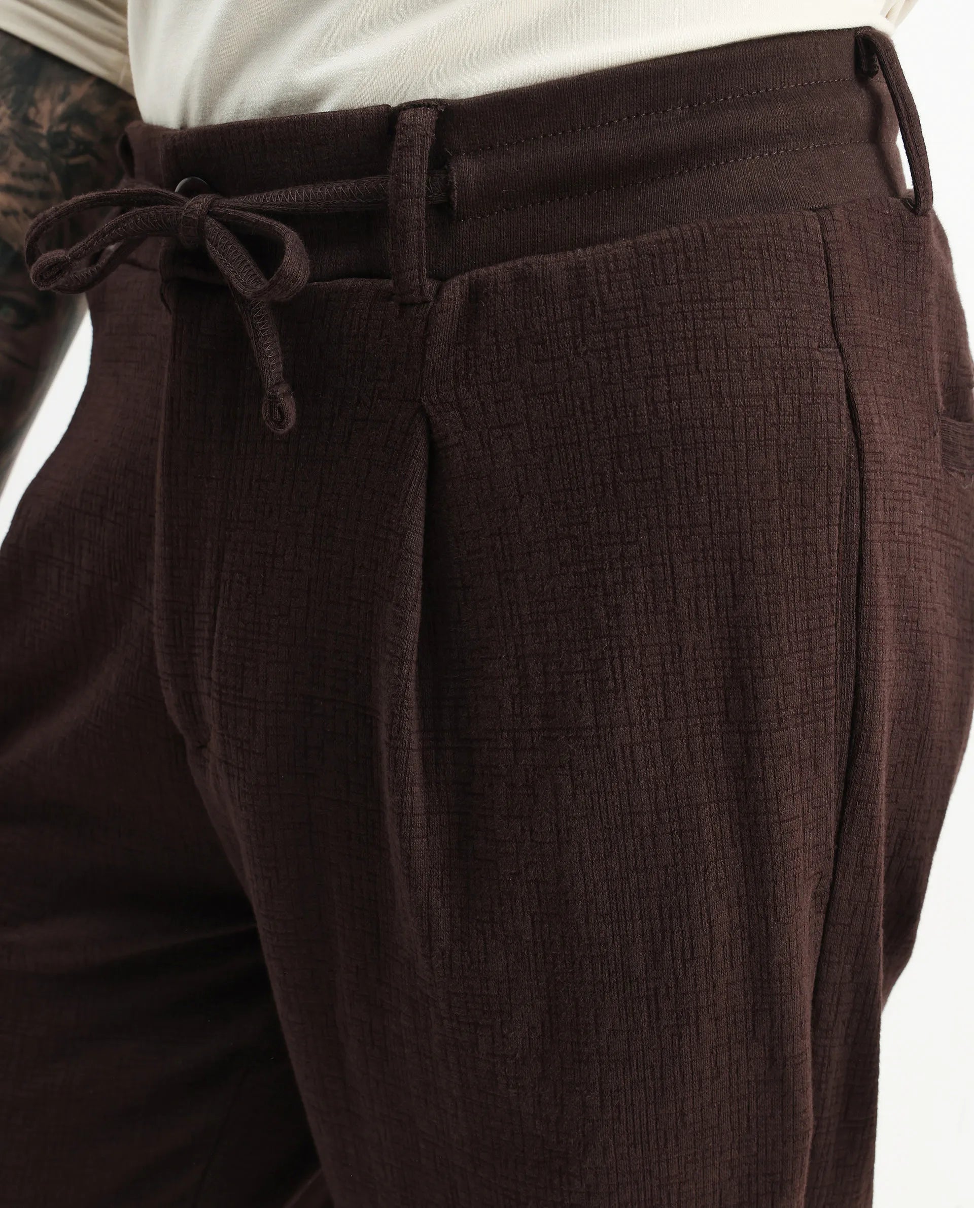 Rare Rabbit Men's Keloe Dark Brown Cotton Blend Plain Relaxed Fit Trouser