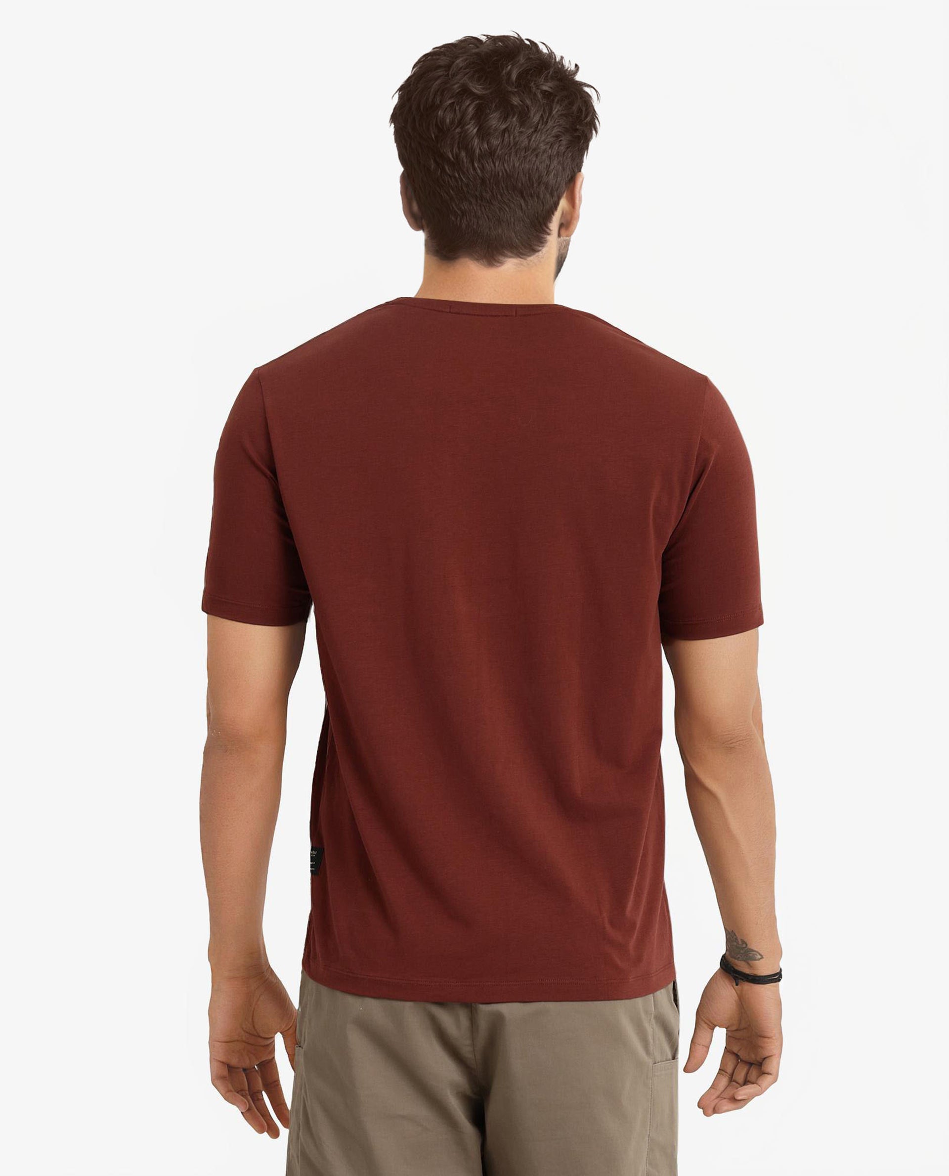 Rare Rabbit Men Ker Brown Cotton Lycra Fabric Short Sleeve Crew Neck Regular Fit Graphic Flock Print T-Shirt