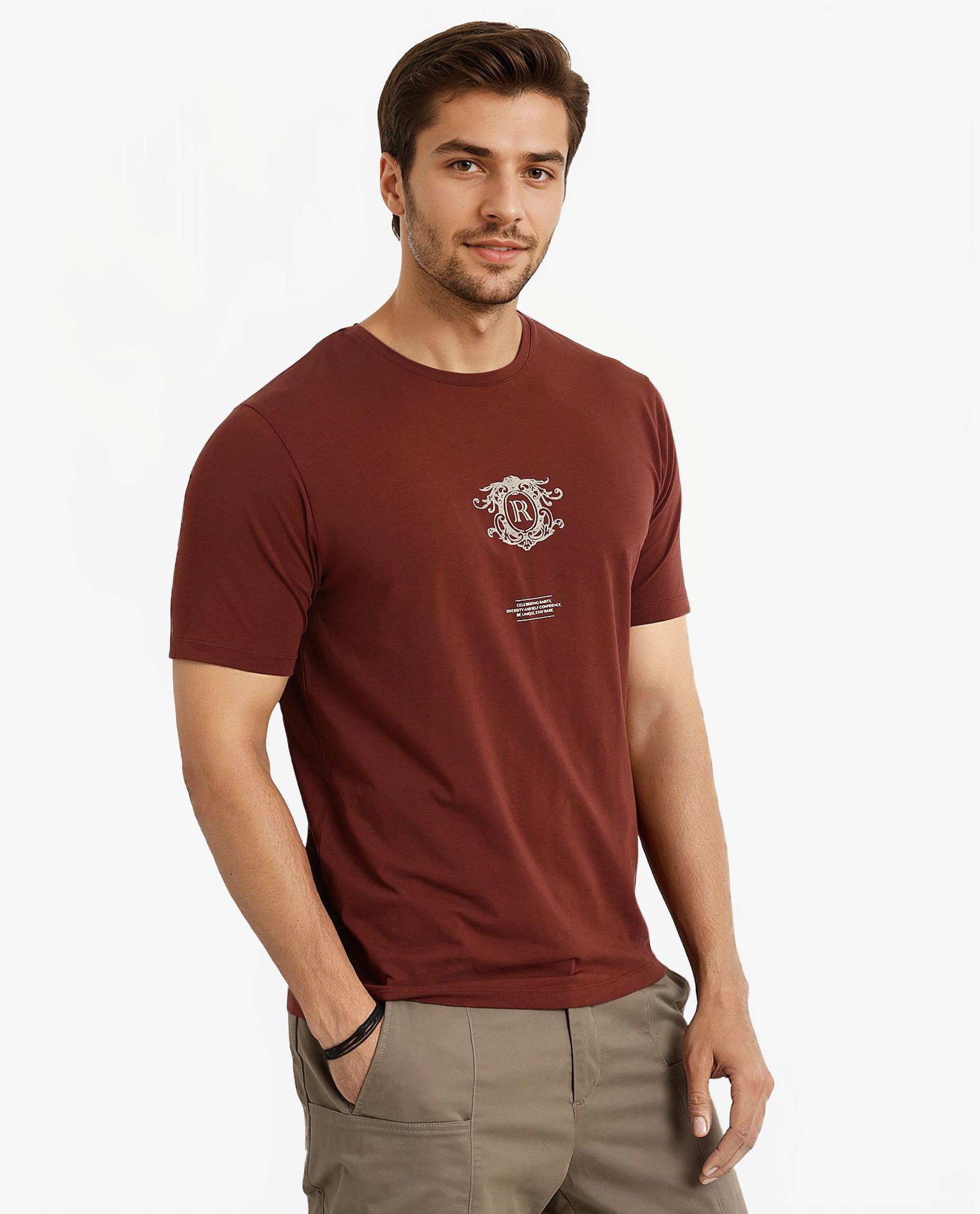 Rare Rabbit Men Ker Brown Cotton Lycra Fabric Short Sleeve Crew Neck Regular Fit Graphic Flock Print T-Shirt