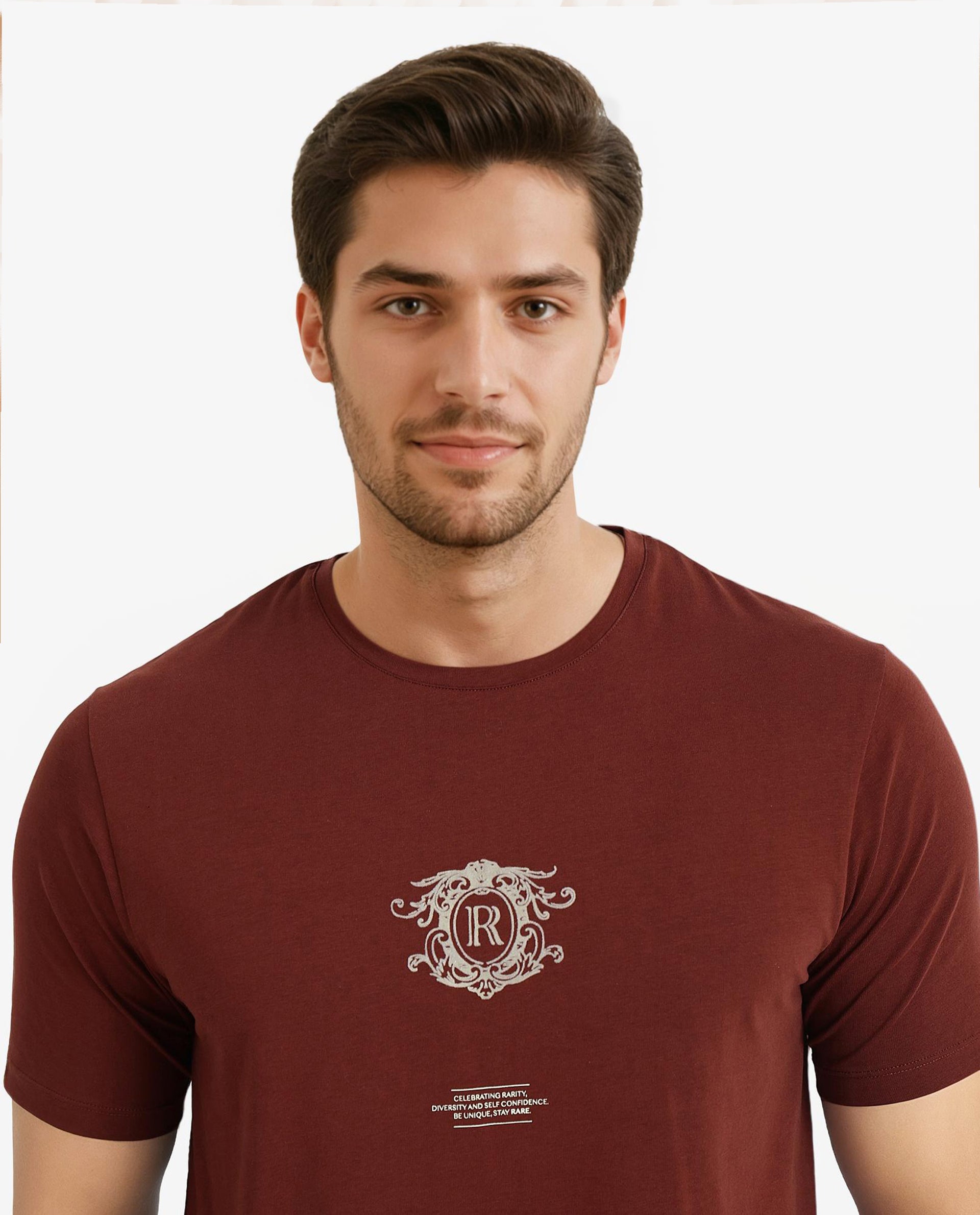 Rare Rabbit Men Ker Brown Cotton Lycra Fabric Short Sleeve Crew Neck Regular Fit Graphic Flock Print T-Shirt