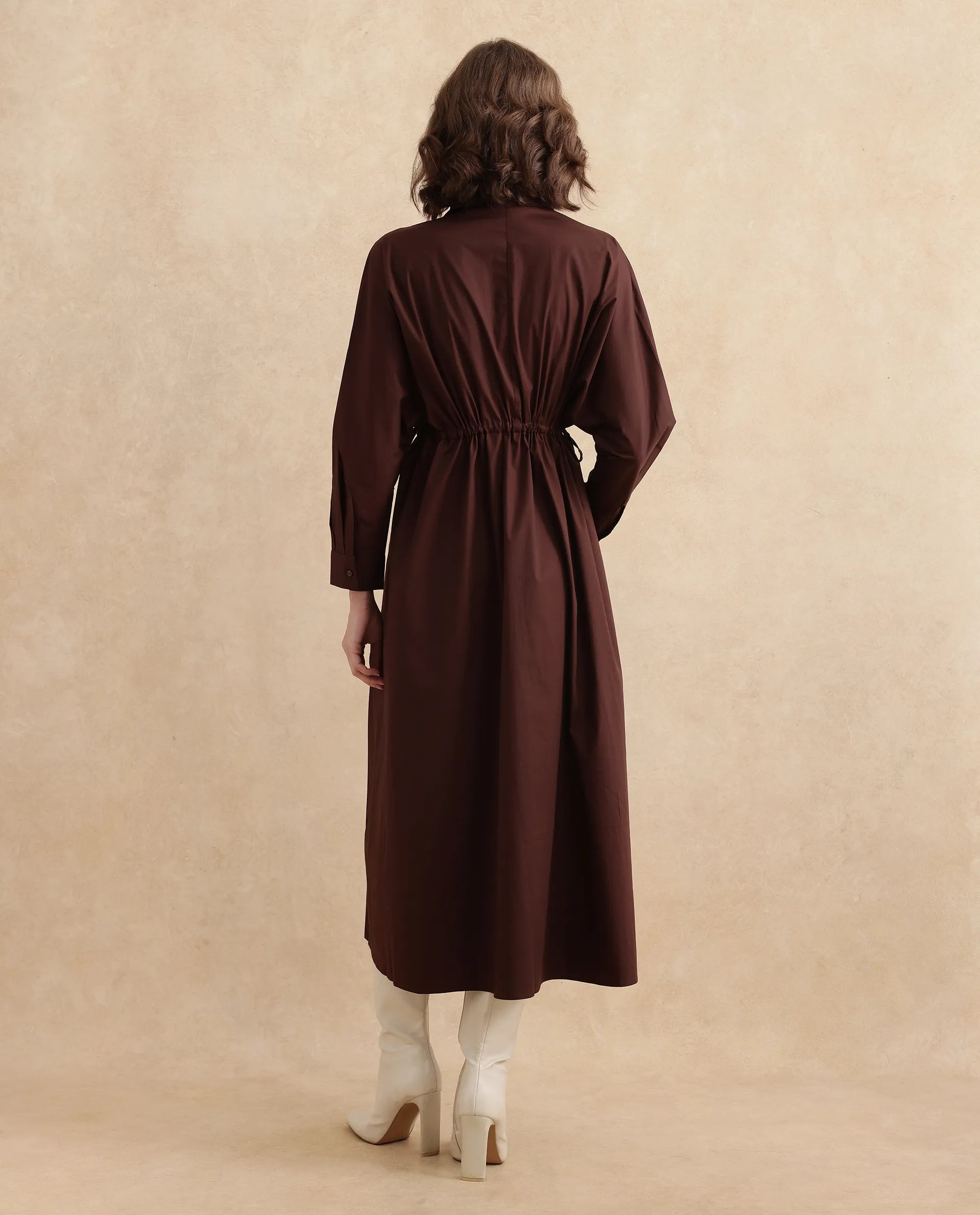 Rareism Women Kercet Brown Kimono Sleeve Collared Neck Fit & Flare Maxi Plain Dress