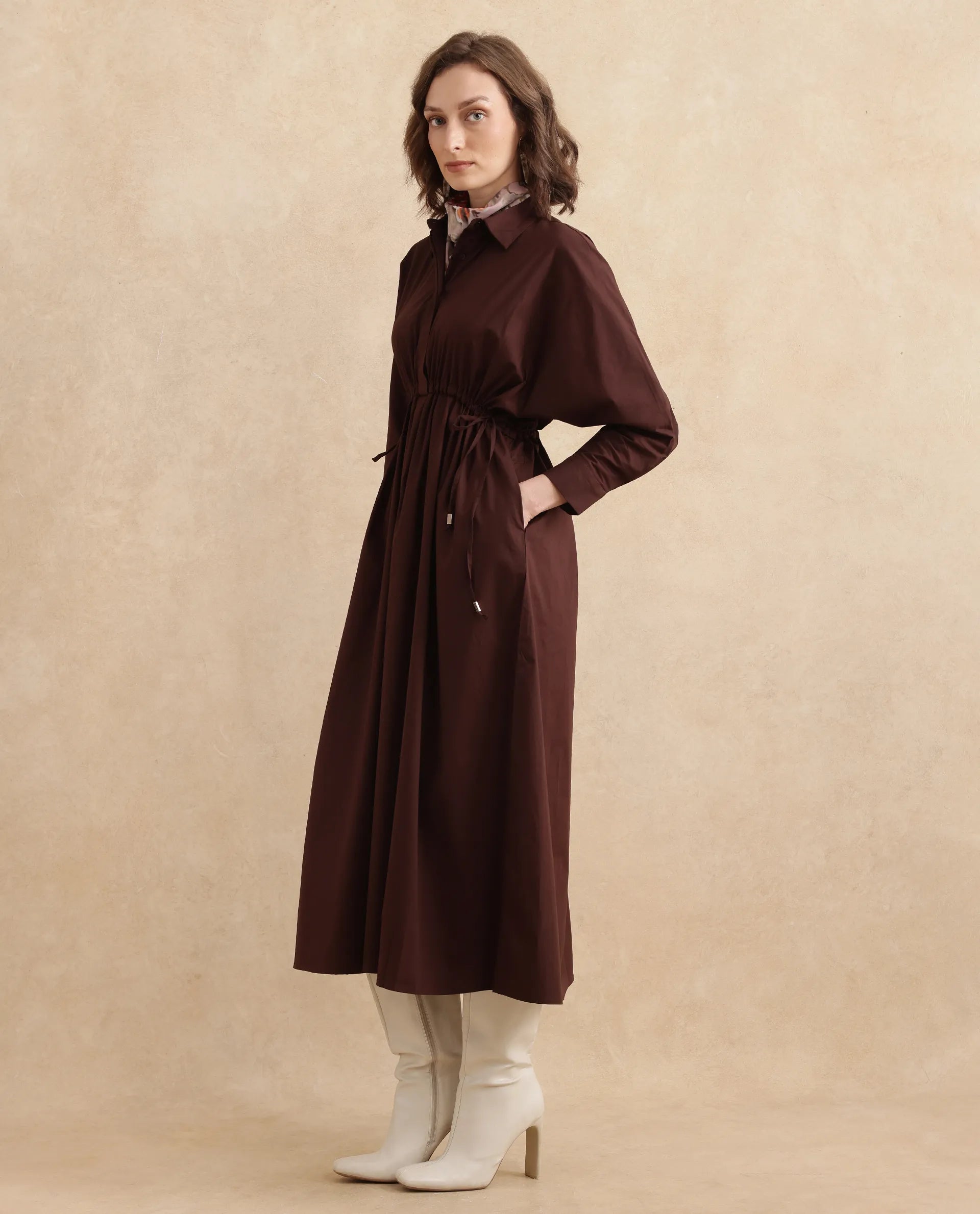 Rareism Women Kercet Brown Kimono Sleeve Collared Neck Fit & Flare Maxi Plain Dress