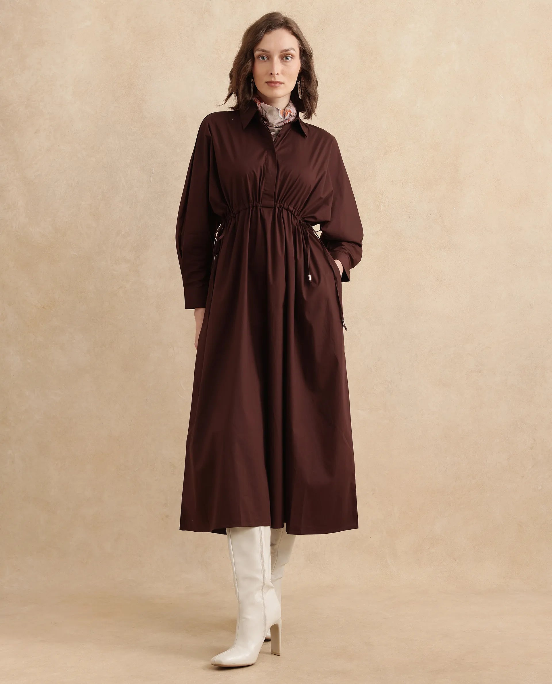 Rareism Women Kercet Brown Kimono Sleeve Collared Neck Fit & Flare Maxi Plain Dress