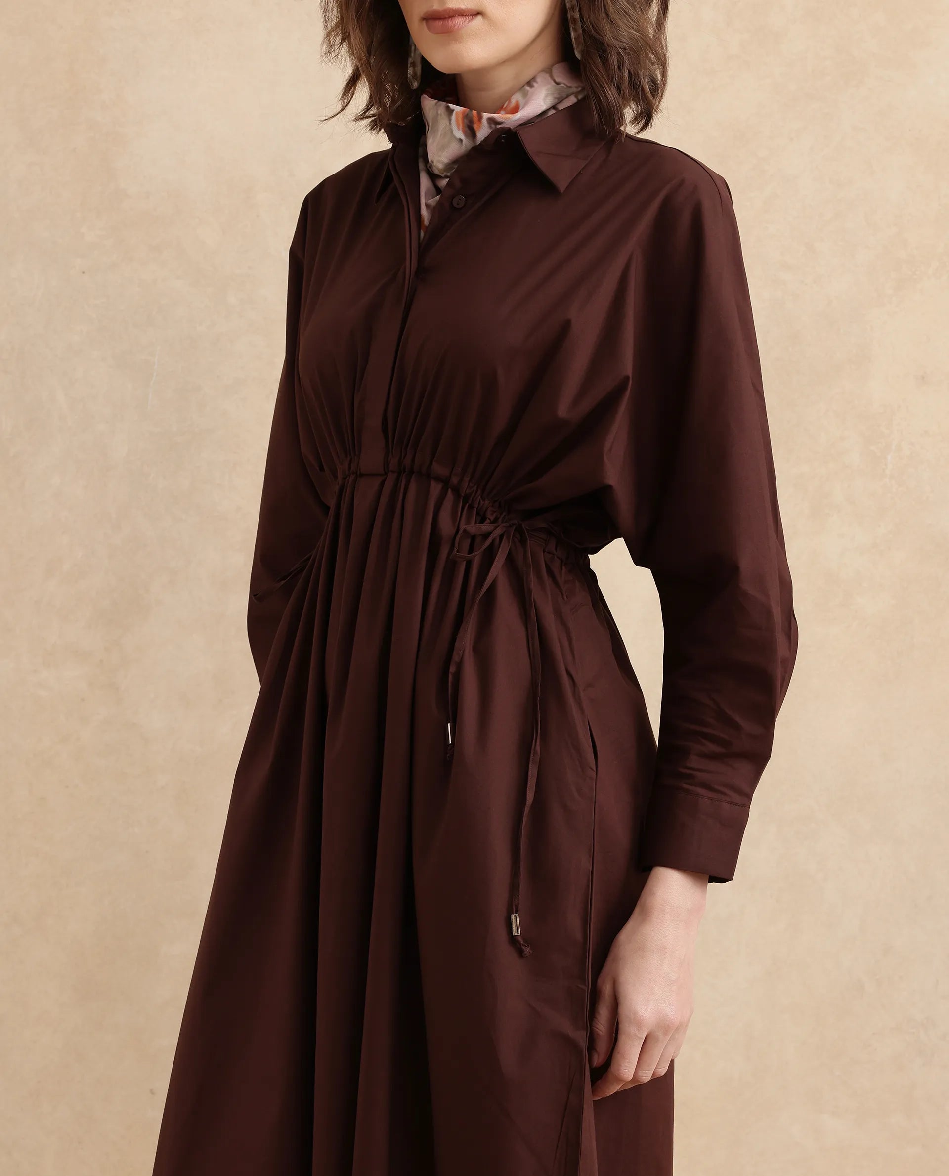 Rareism Women Kercet Brown Kimono Sleeve Collared Neck Fit & Flare Maxi Plain Dress