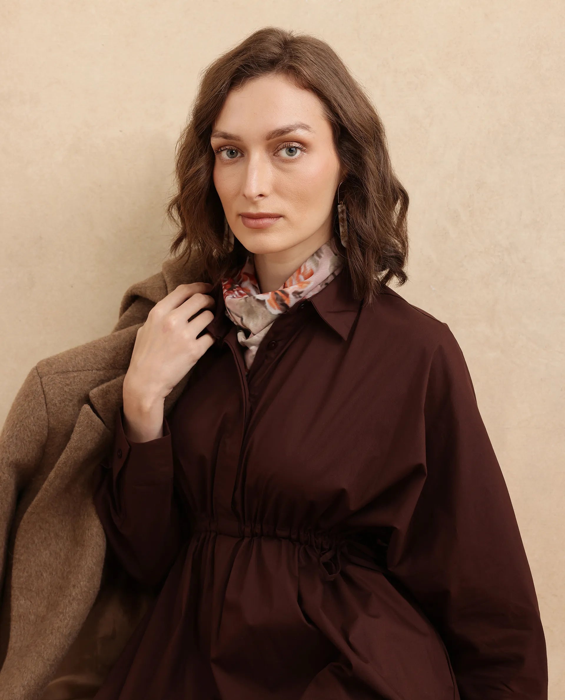 Rareism Women Kercet Brown Kimono Sleeve Collared Neck Fit & Flare Maxi Plain Dress