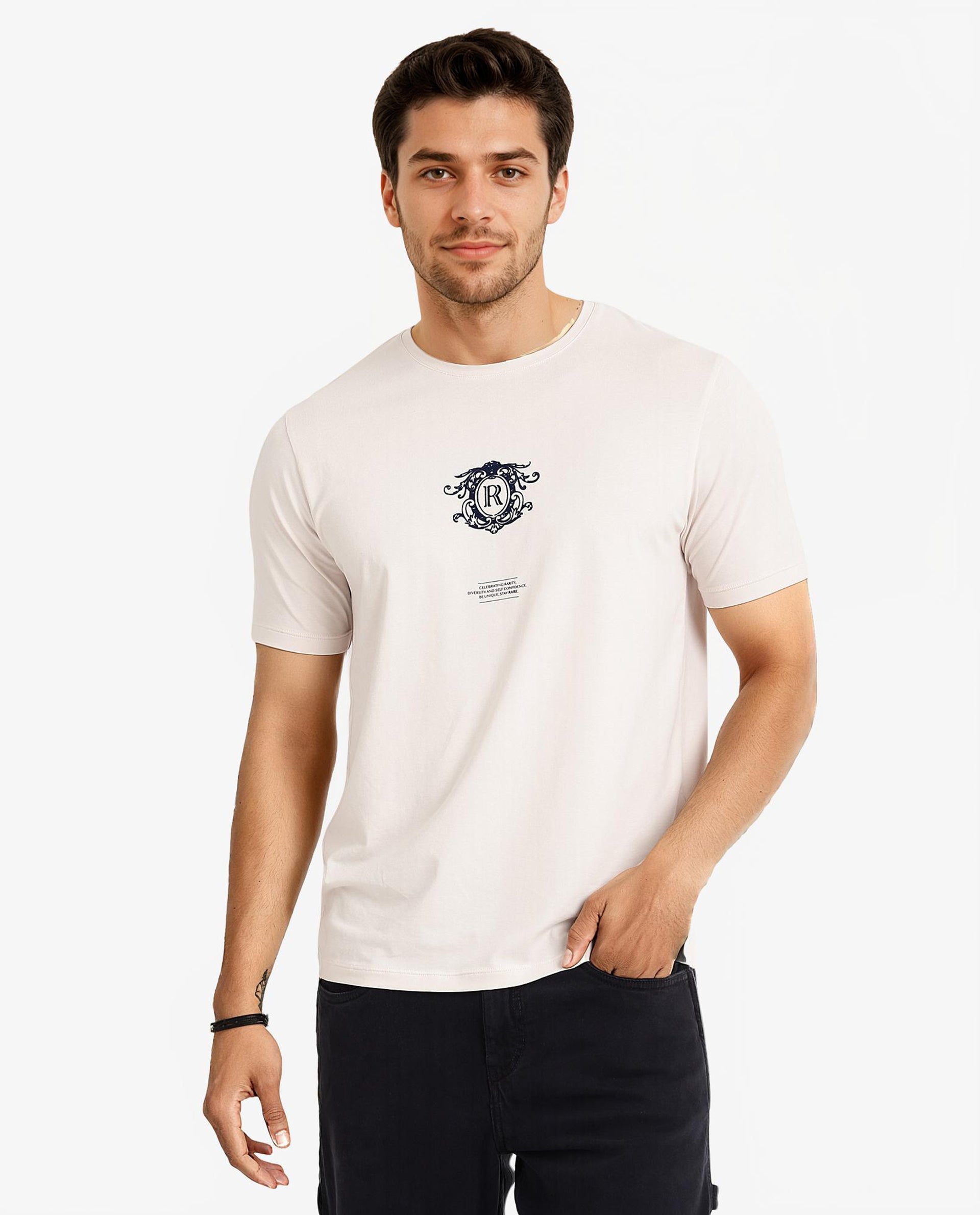 Rare Rabbit Men Ker Light Pink Cotton Lycra Fabric Short Sleeve Crew Neck Regular Fit Graphic Flock Print T-Shirt