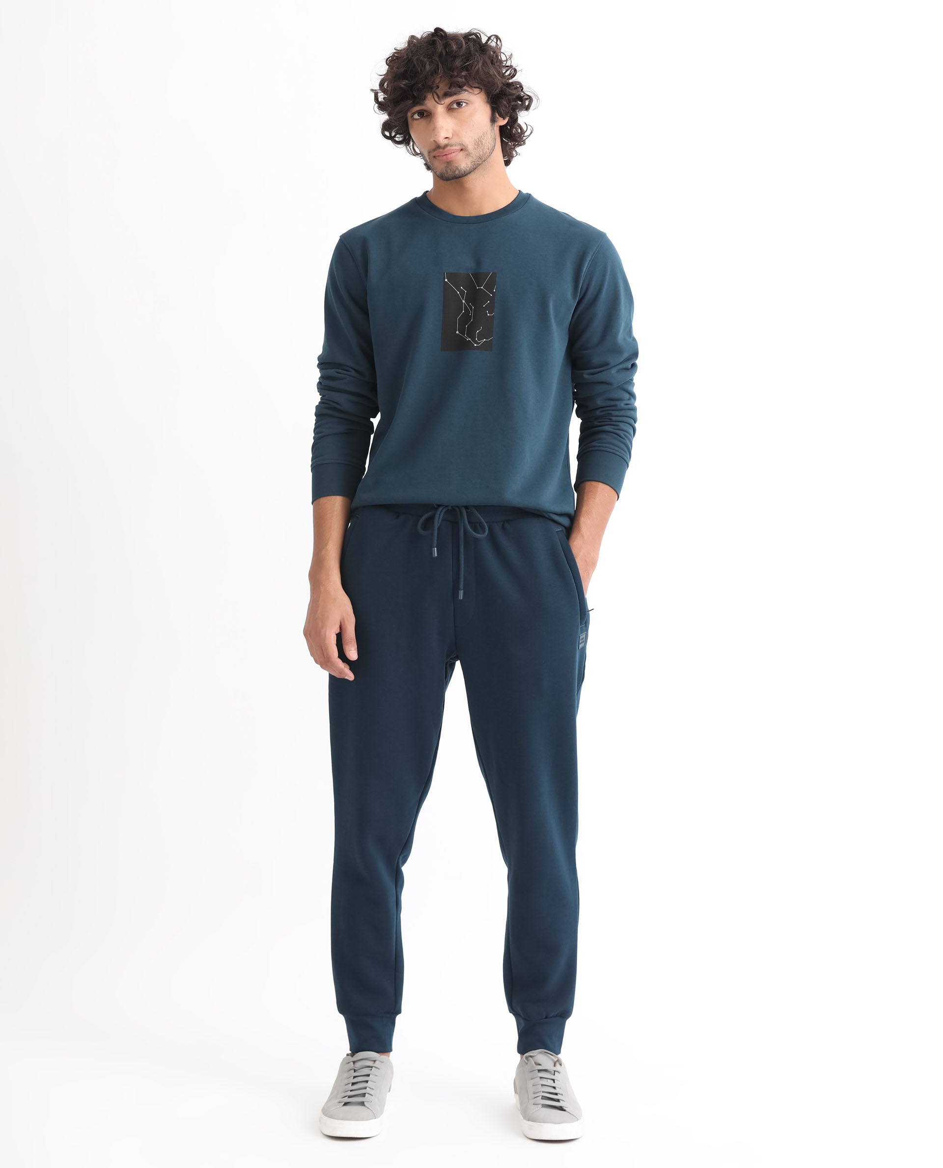 Rare Rabbit Mens Kerry Teal Cotton Polyester Fabric Drawstring Closure Regular Fit Mid Rise Trackpant