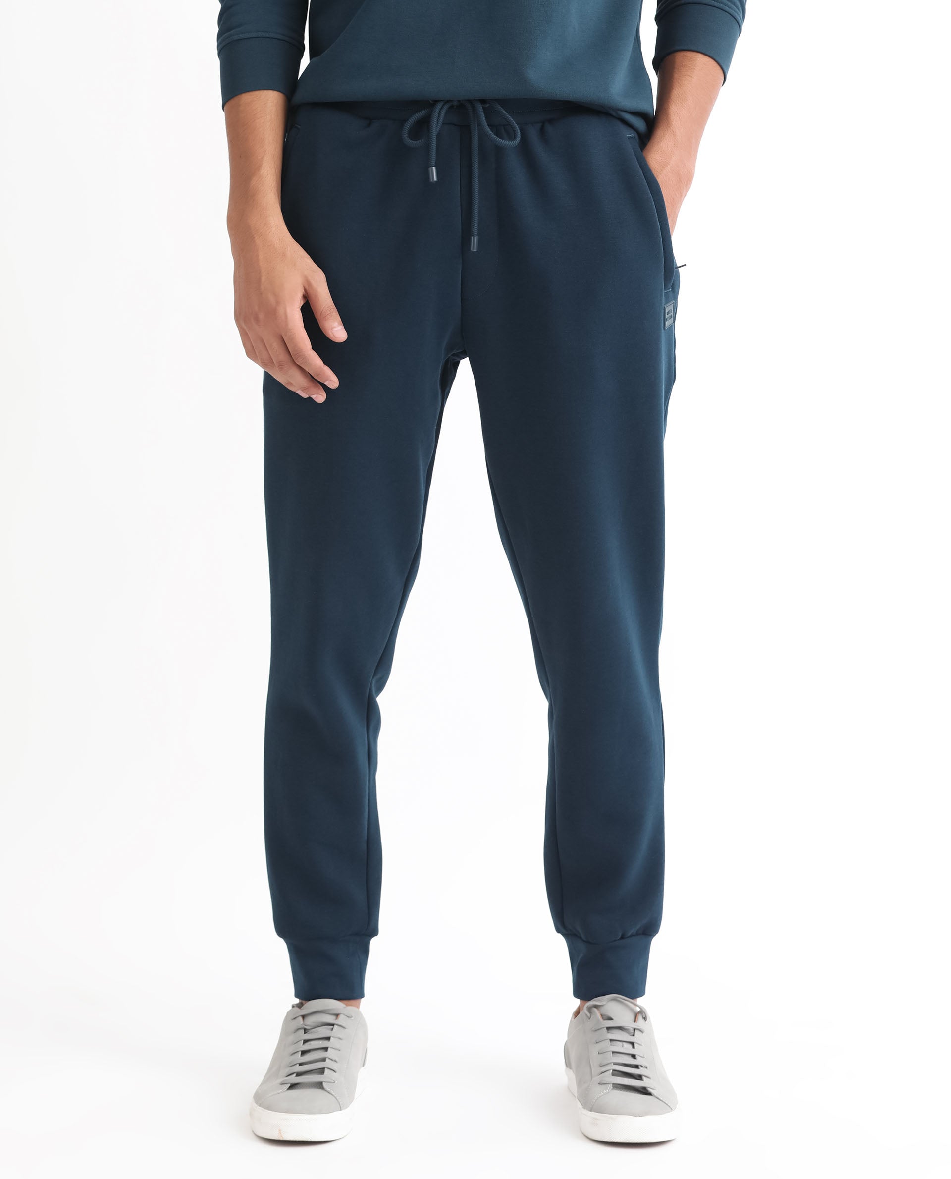 Rare Rabbit Mens Kerry Teal Cotton Polyester Fabric Drawstring Closure Regular Fit Mid Rise Trackpant