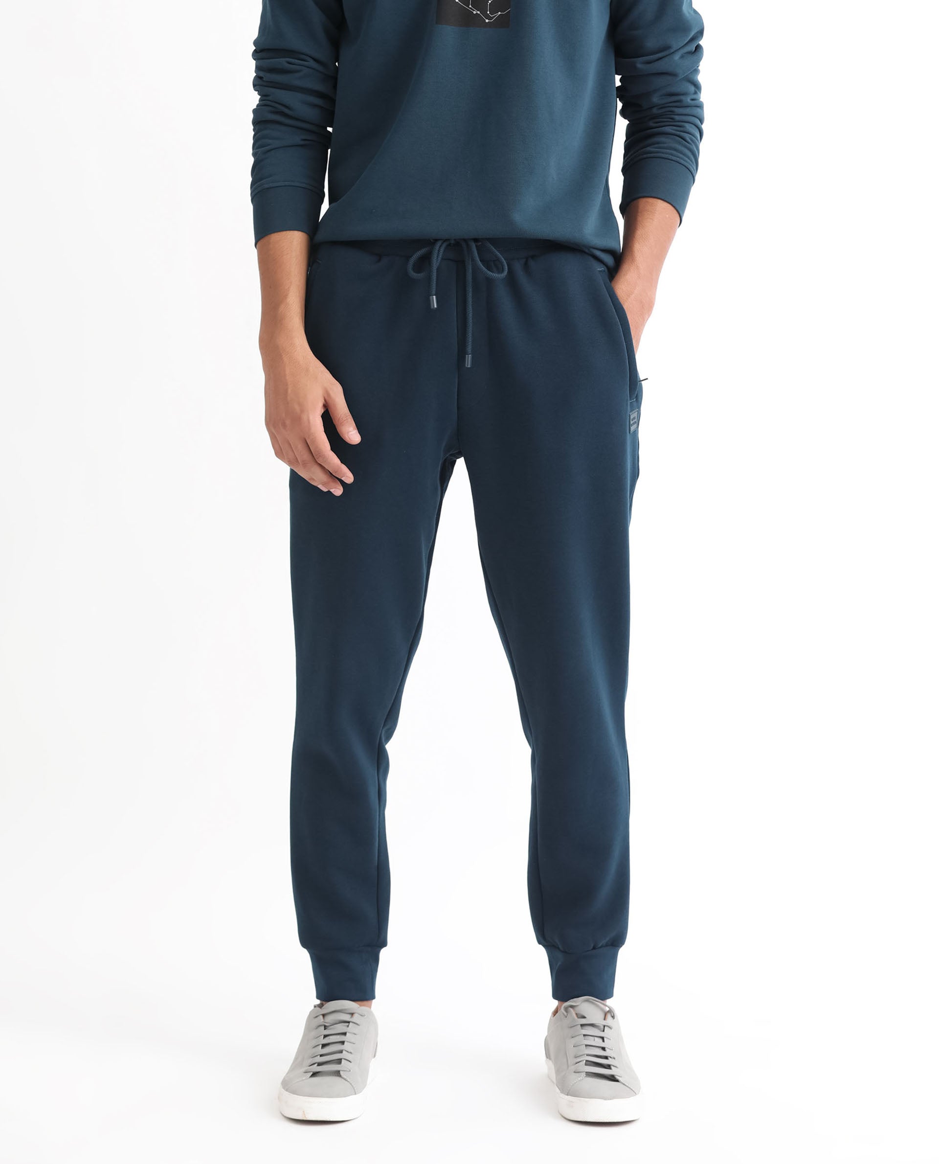 Rare Rabbit Mens Kerry Teal Cotton Polyester Fabric Drawstring Closure Regular Fit Mid Rise Trackpant