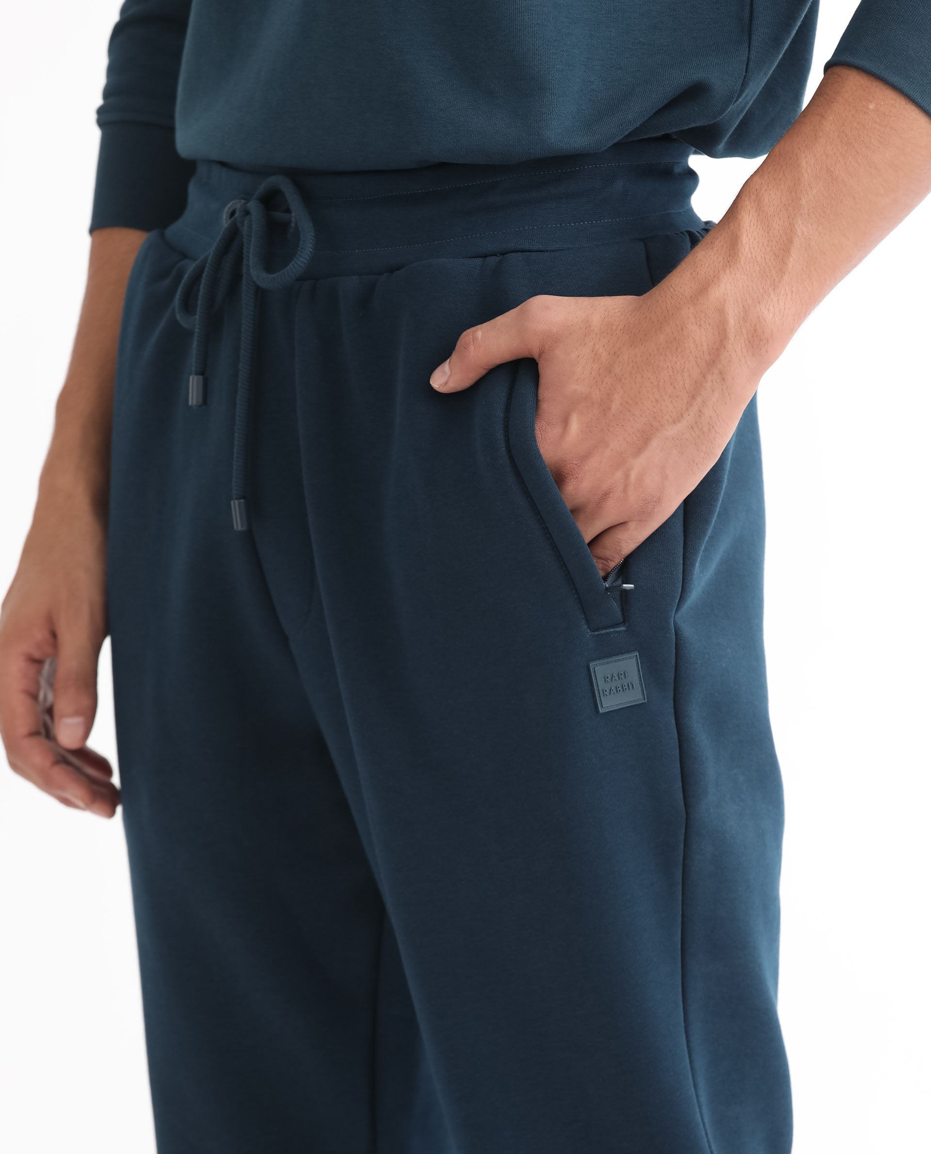 Rare Rabbit Mens Kerry Teal Cotton Polyester Fabric Drawstring Closure Regular Fit Mid Rise Trackpant