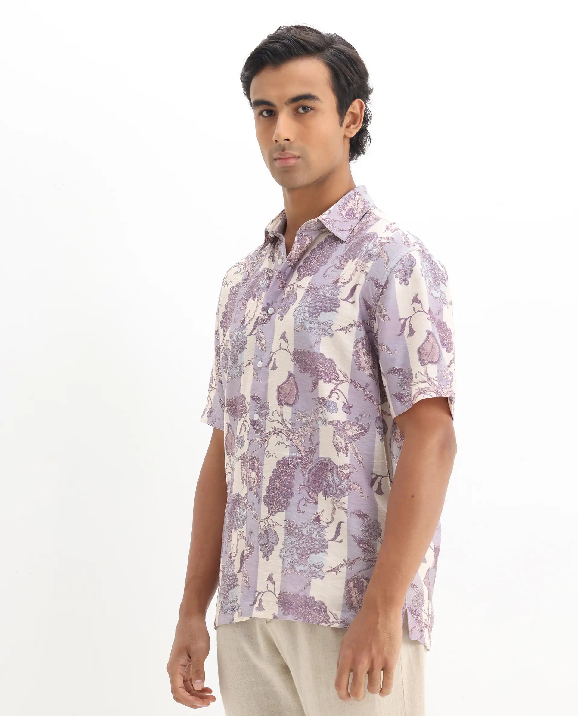 Rare Rabbit Men's Kexil Off Whte Viscose Blend Digital Print Relaxed Fit Half Sleeve Collared Shirt