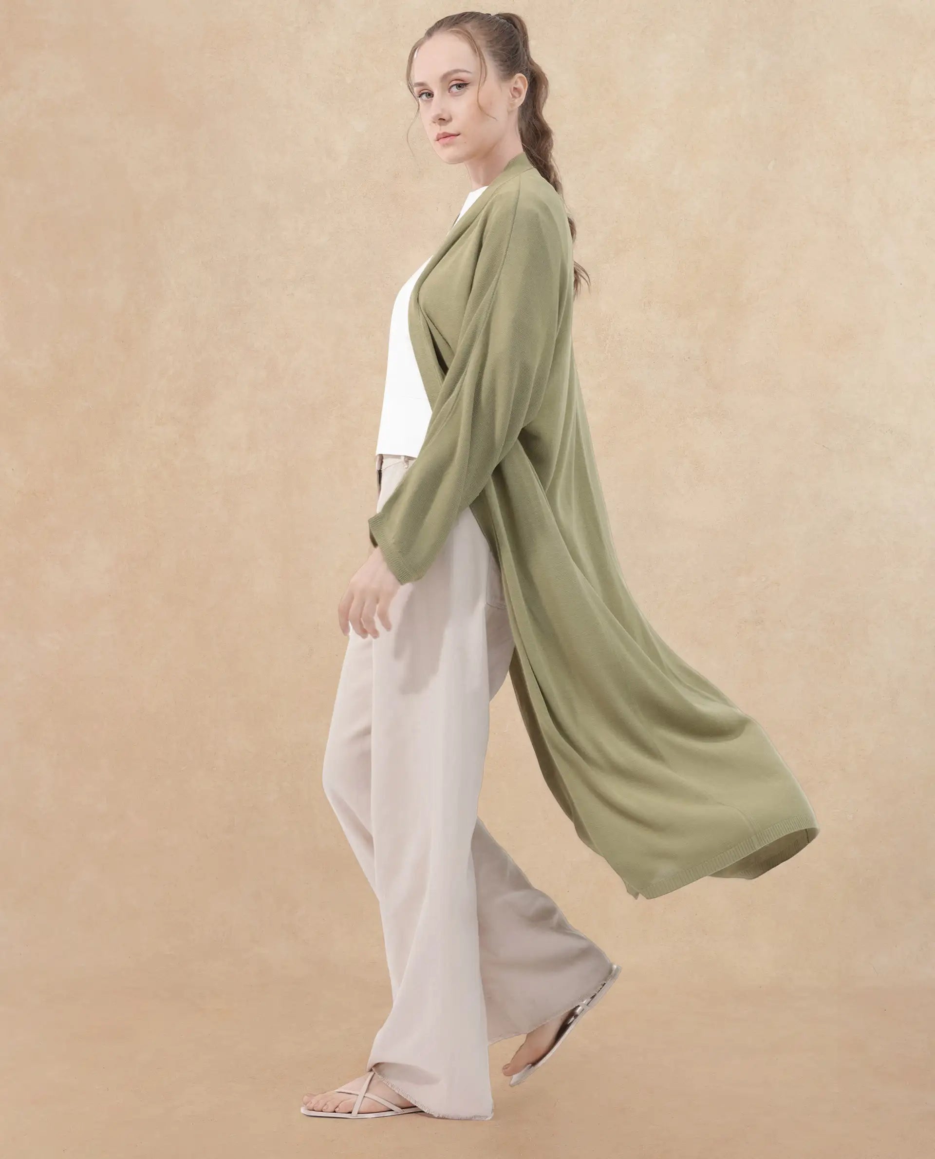 Rareism Women Keya Pastel Green Cotton Fabric Full Sleeves Extended Sleeve Relaxed Fit Plain Midi Shrug