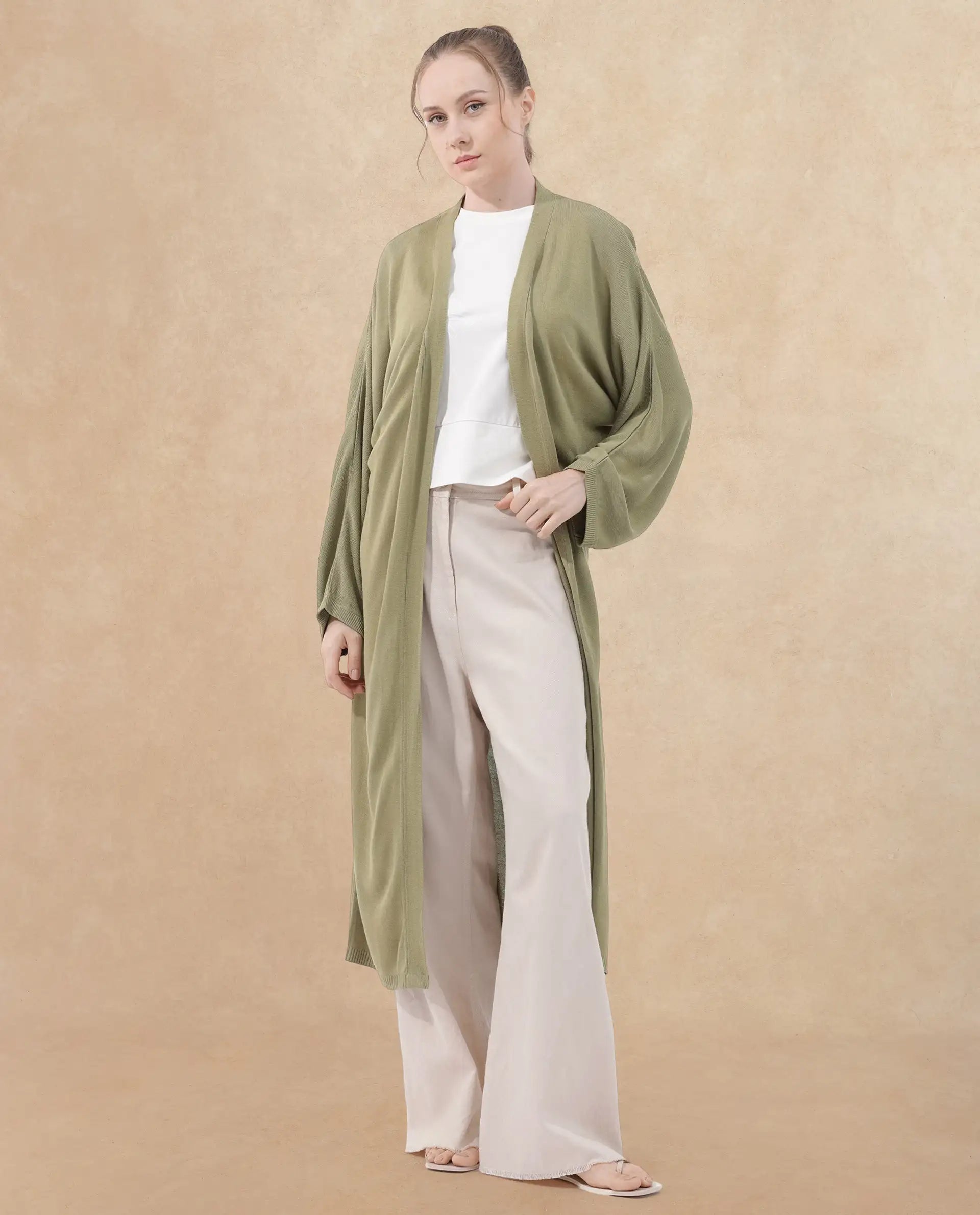 Rareism Women Keya Pastel Green Cotton Fabric Full Sleeves Extended Sleeve Relaxed Fit Plain Midi Shrug
